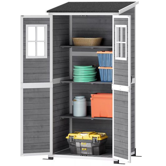 Sodo saugykla, įrankių namelis su 2 langais, žemės kuoliukai, asfaltuotas stogas, 91 x 69 x 192 cm, eglės mediena, šviesiai pilka