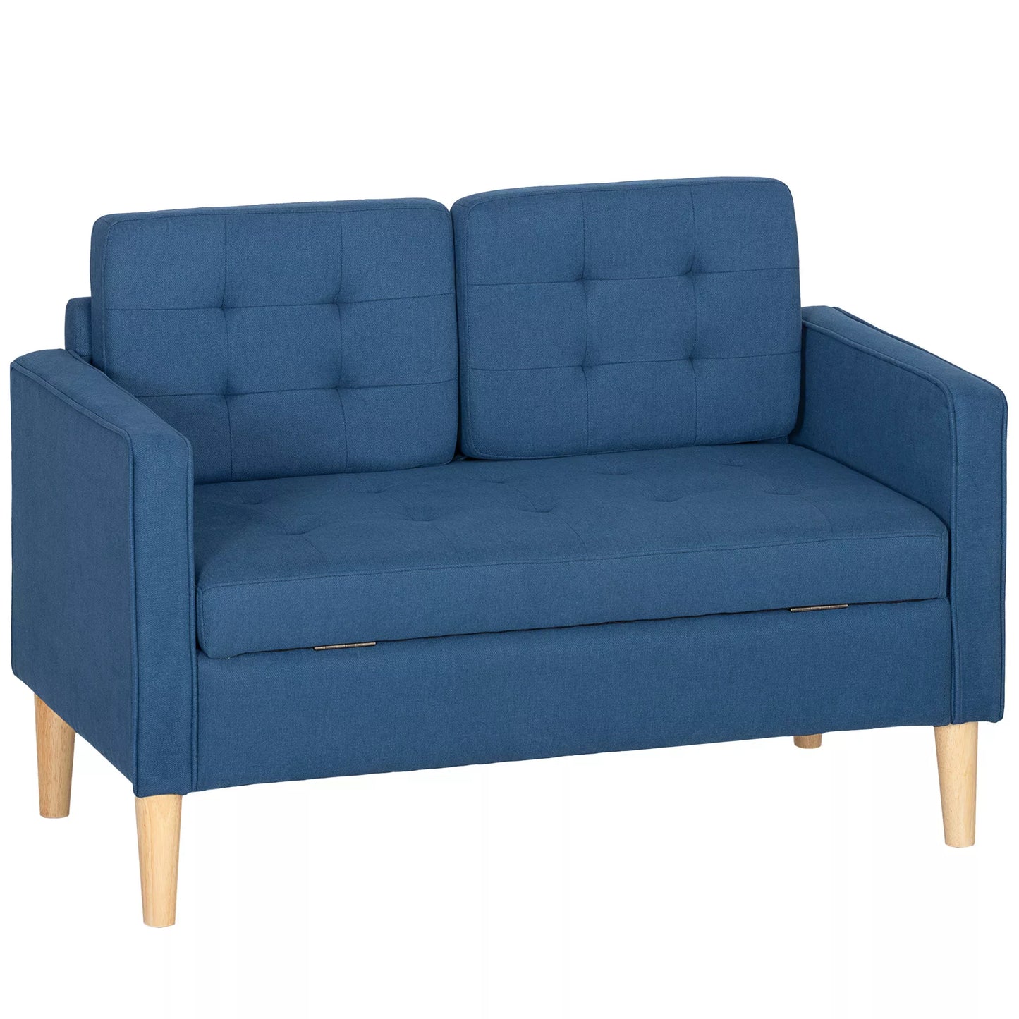 Dviejų vietų sofa su daiktadėže, sagomis apsiūta, pagalvėlės, kaučiukmedžio mediena, 117x62x78cm, mėlyna