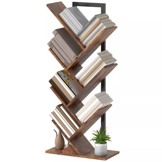 Pastatoma knygų lentyna su 7 siauromis pakopomis, medžio formos, skirta biurui, kaimiška ruda
