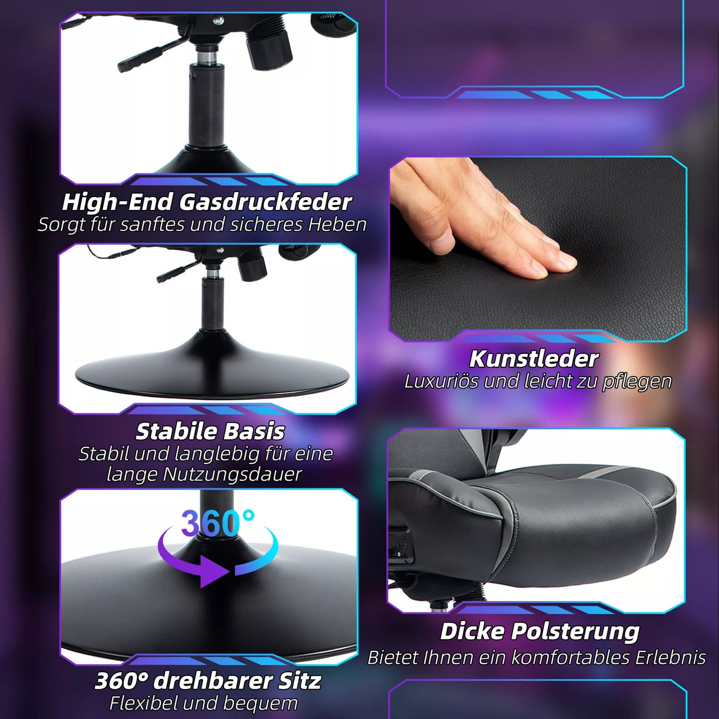 Žaidimų kėdė su supimosi funkcija ir garsiakalbiu, juosmens ir kaklo atrama, žaidimų kambariui, dirbtinė oda, pilka + juoda