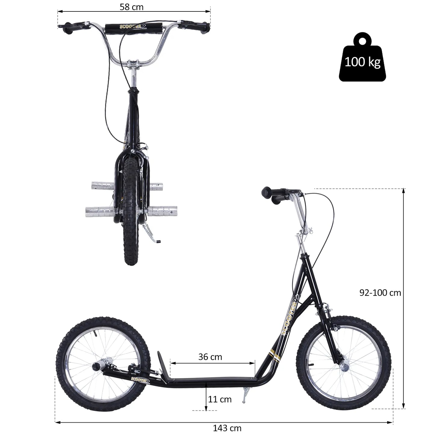 Vaikų paspirtukas su pneumatinėmis padangomis Kickscooter Scooter Paspirtukas Miesto paspirtukas vaikams Kickboard 16 colių nuo 5 metų Aukščio reguliavimas Juodas 143 x 58 x 92-100 cm
