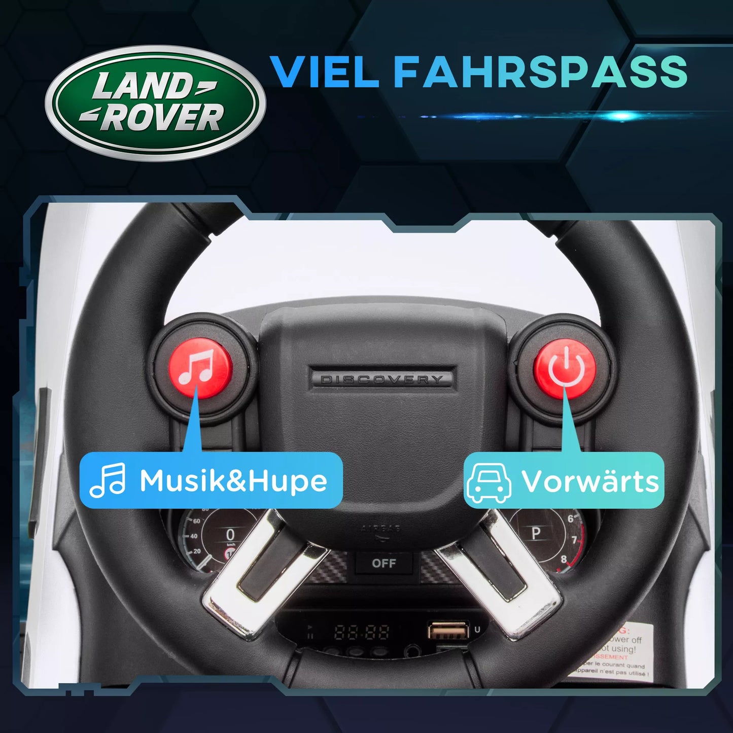 Elektrinis vaikiškas automobilis 6V, Land Rover, važiavimo/stumdomas režimas, priekiniai žibintai, muzika, baltas