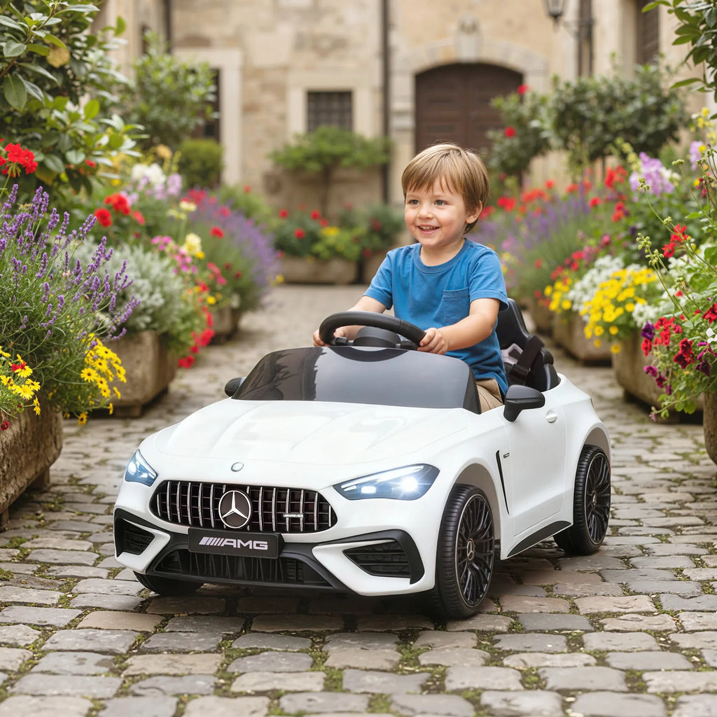 Vaikų elektrinis automobilis, „Mercedes“ dizainas, 12 V varikliai, nuotolinio valdymo pultas, LED žibintai, muzika, skirtas 3–6 metų vaikams, baltas