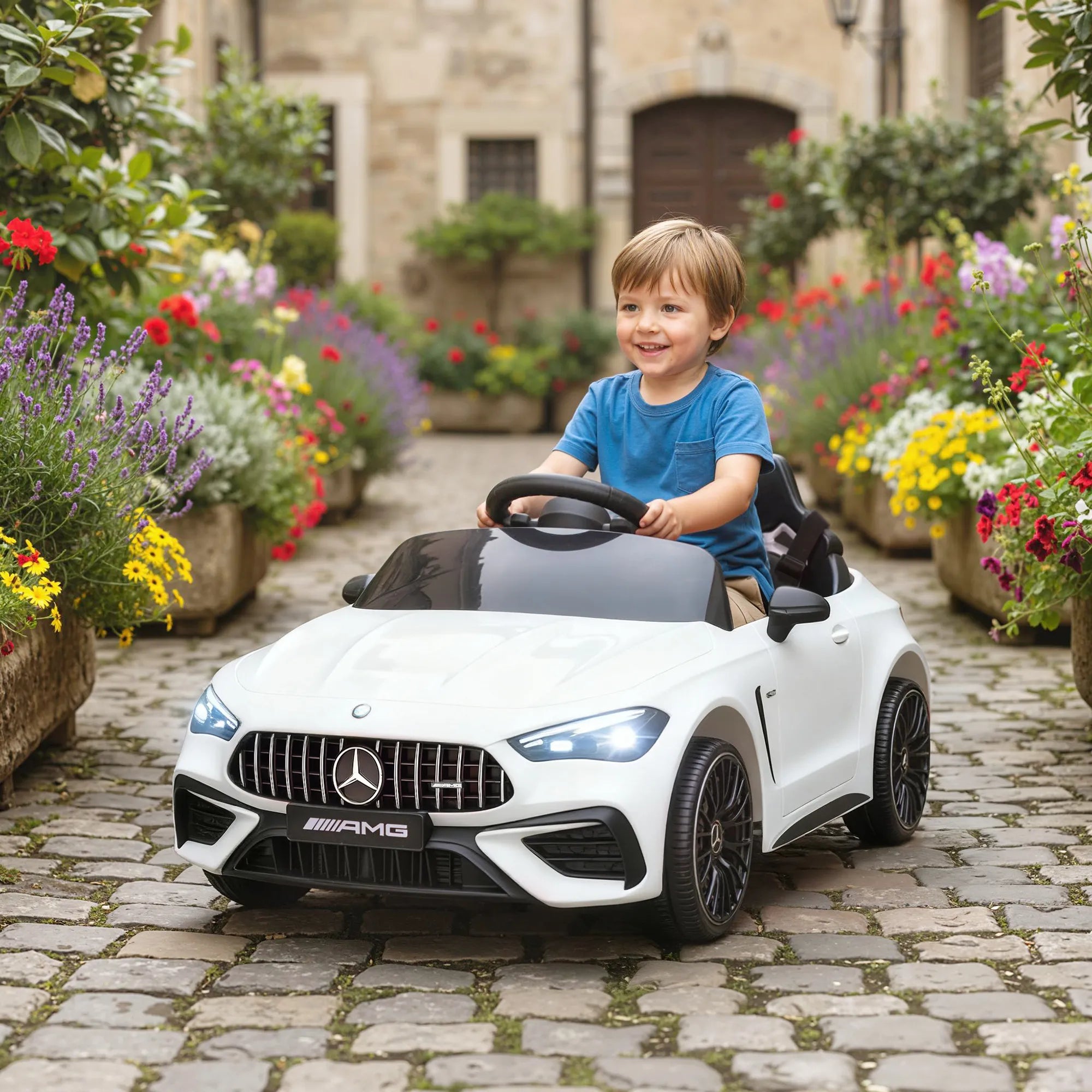 Vaikų elektrinis automobilis, „Mercedes“ dizainas, 12 V varikliai, nuotolinio valdymo pultas, LED žibintai, muzika, skirtas 3–6 metų vaikams, baltas
