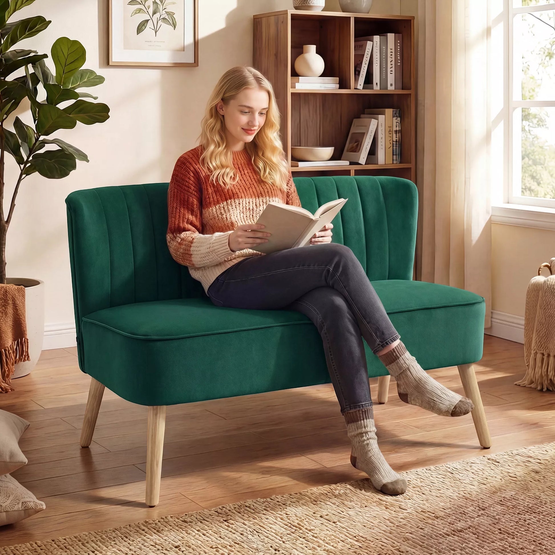 Sofa Retrodesign 2-vietė sofa, medinės kojos, 117 cm x 56,5 cm x 77 cm, tamsiai žalia