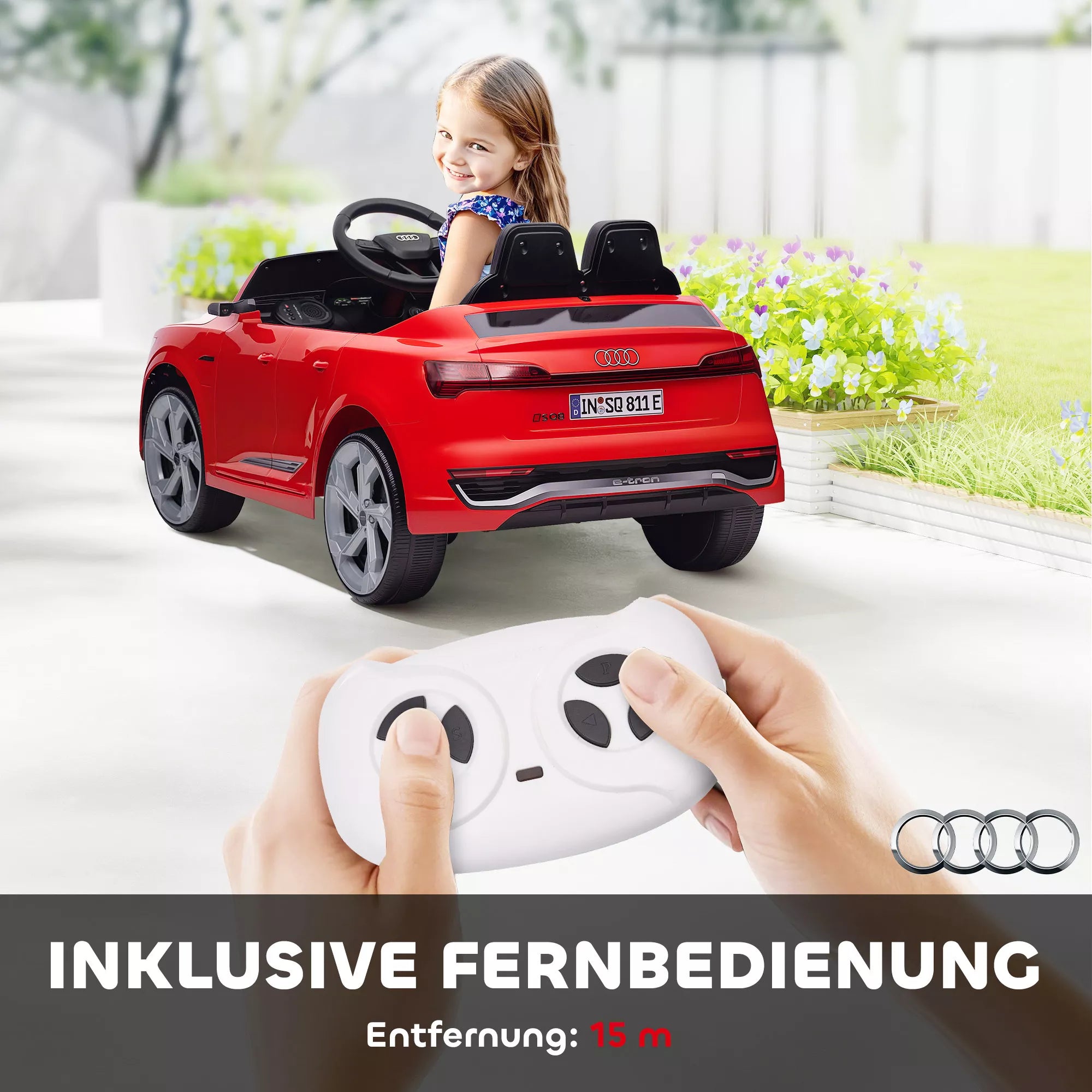 Elektrinis vaikiškas automobilis, 12V Audi Q8, 3–5 km/h, nuotolinio valdymo pultas, priekiniai žibintai, muzika, raudonas