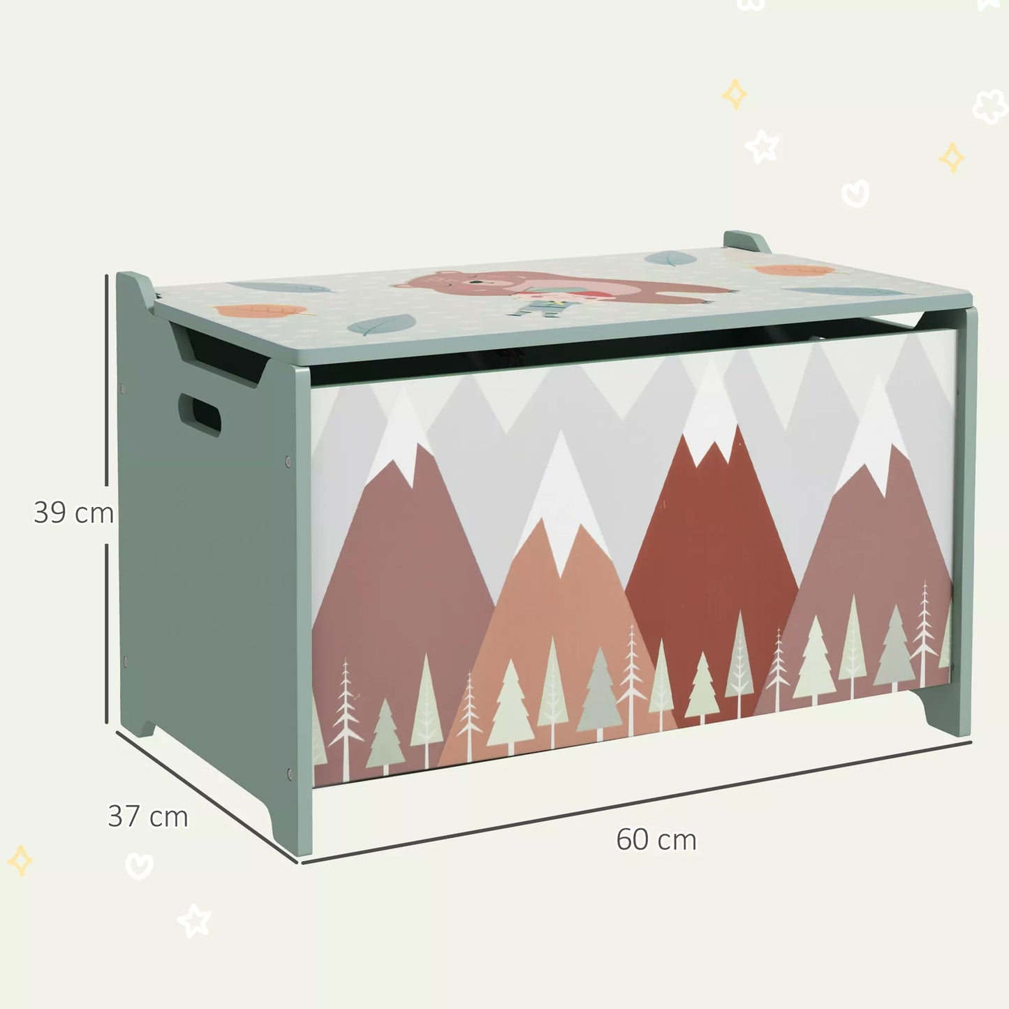 Sandeliukų dėžė, žaislų skrynia, atlenkiamas dangtis, mielas dizainas, žalias