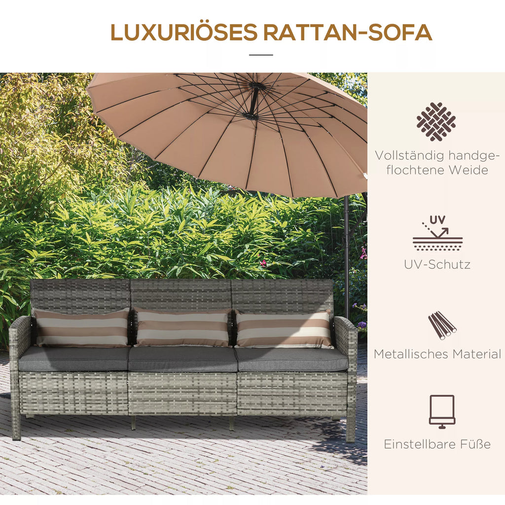 Rotango sofa su pagalvėlėmis, trijų vietų, sodo poilsio sofa, plienas, pilka, 173 x 68 x 78 cm