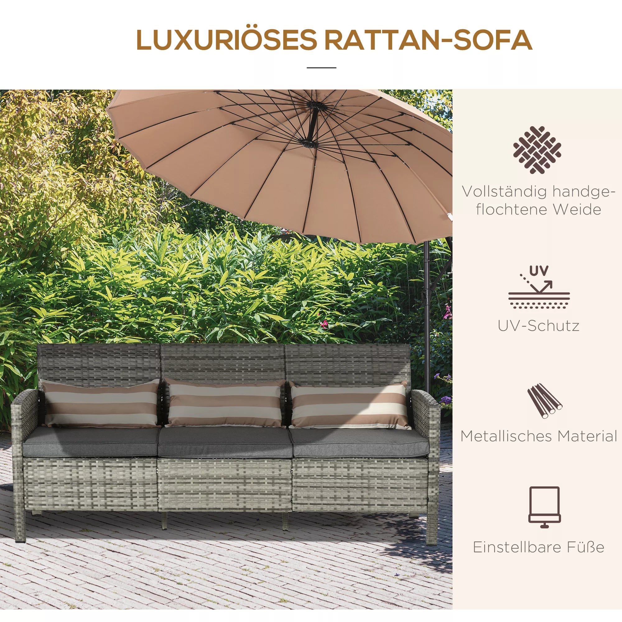 Rotango sofa su pagalvėlėmis, trijų vietų, sodo poilsio sofa, plienas, pilka, 173 x 68 x 78 cm