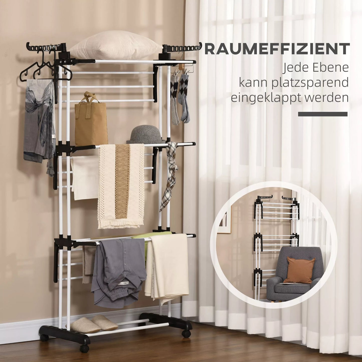 Skalbinių džiovykla, 4 lygmenys, sulankstoma, su 4 ratukais ir 2 stabdžiais, metalinis rėmas, juoda, 73 x 64 x 177cm