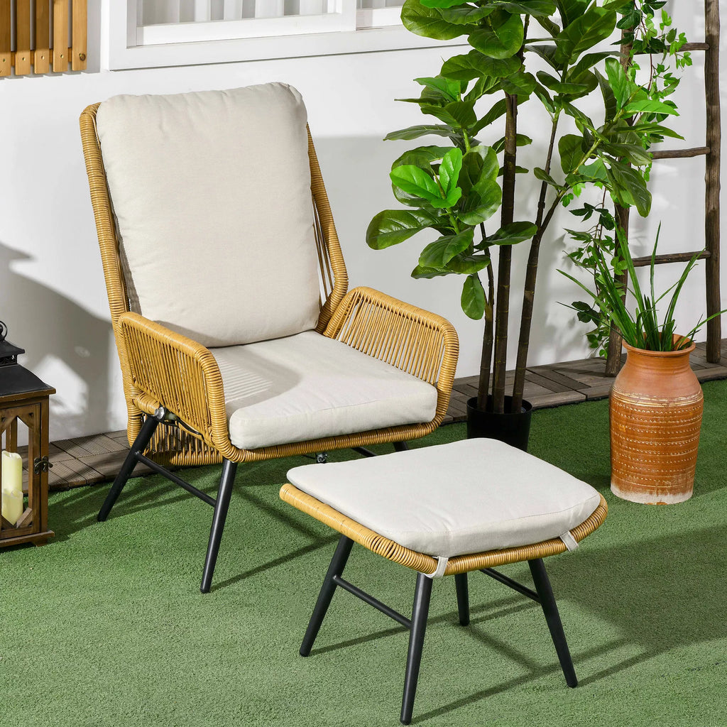 Polyrattan sodo kėdė ir taburetė, reguliuojamas atlošas, šviesiai ruda/pilka/juoda