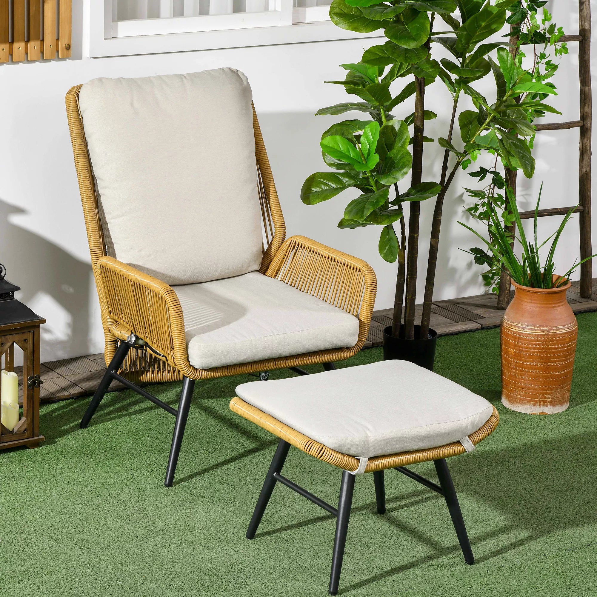 Polyrattan sodo kėdė ir taburetė, reguliuojamas atlošas, šviesiai ruda/pilka/juoda