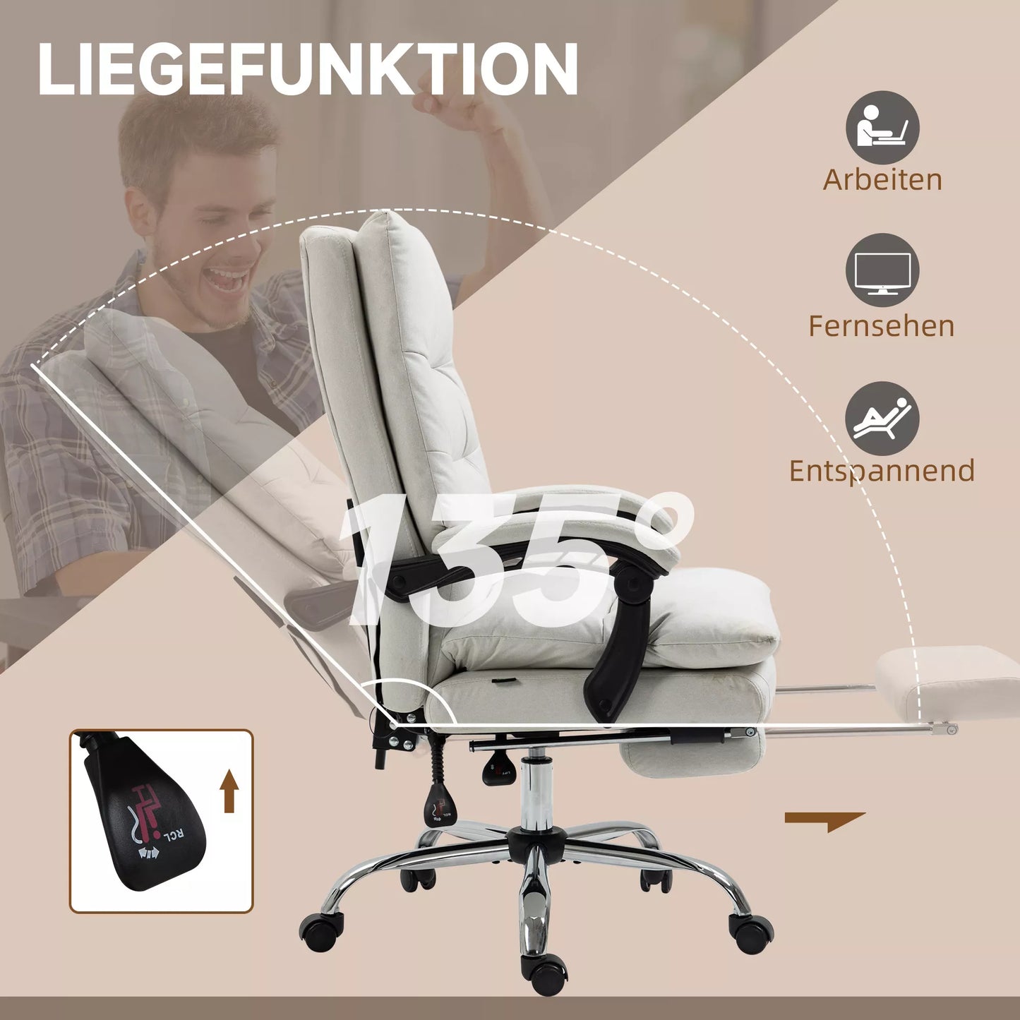 Biuro kėdė su masažo funkcija, šildoma, atlošiama, dirbtinė oda, 65x72x109-117cm, kreminės baltos spalvos