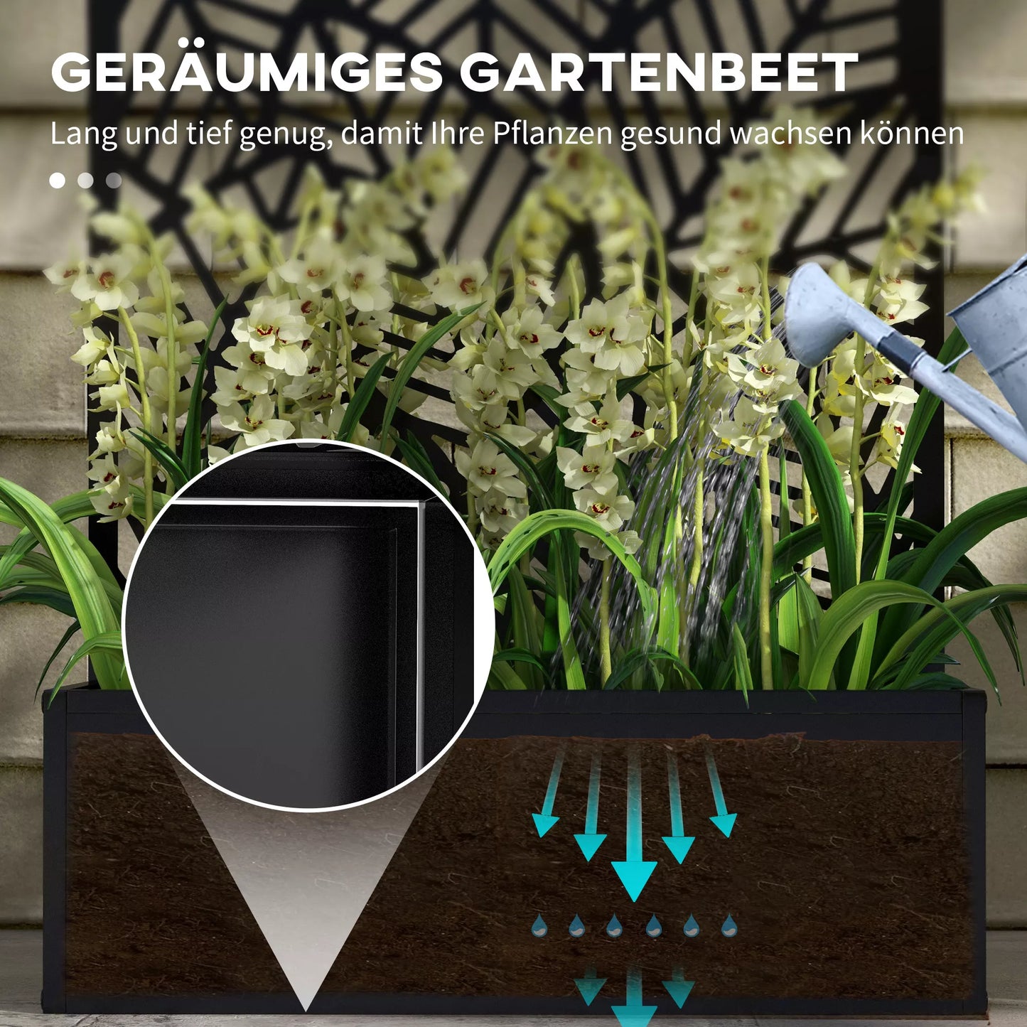 Apsauga nuo žvilgsnių su gėlių lysve, lauko paravanas, pertvara su gėlių vazonais, metalas, juoda