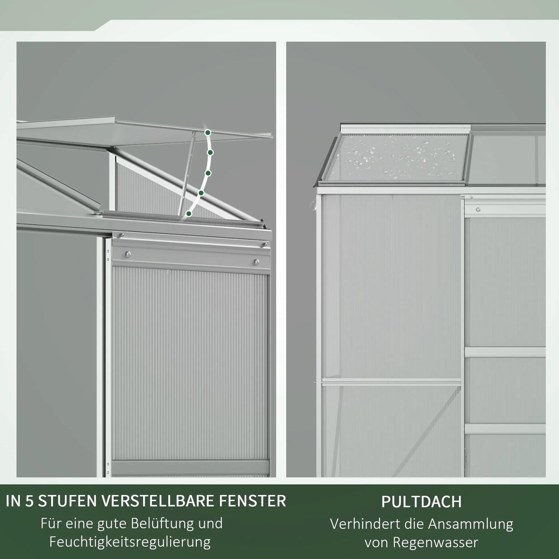 Prie sienos prigludusi šiltnamis, stumdomos durys, stoglangis, polikarbonatas + aliuminis, spalva: sidabrinė, 192 x 68 x 196 cm