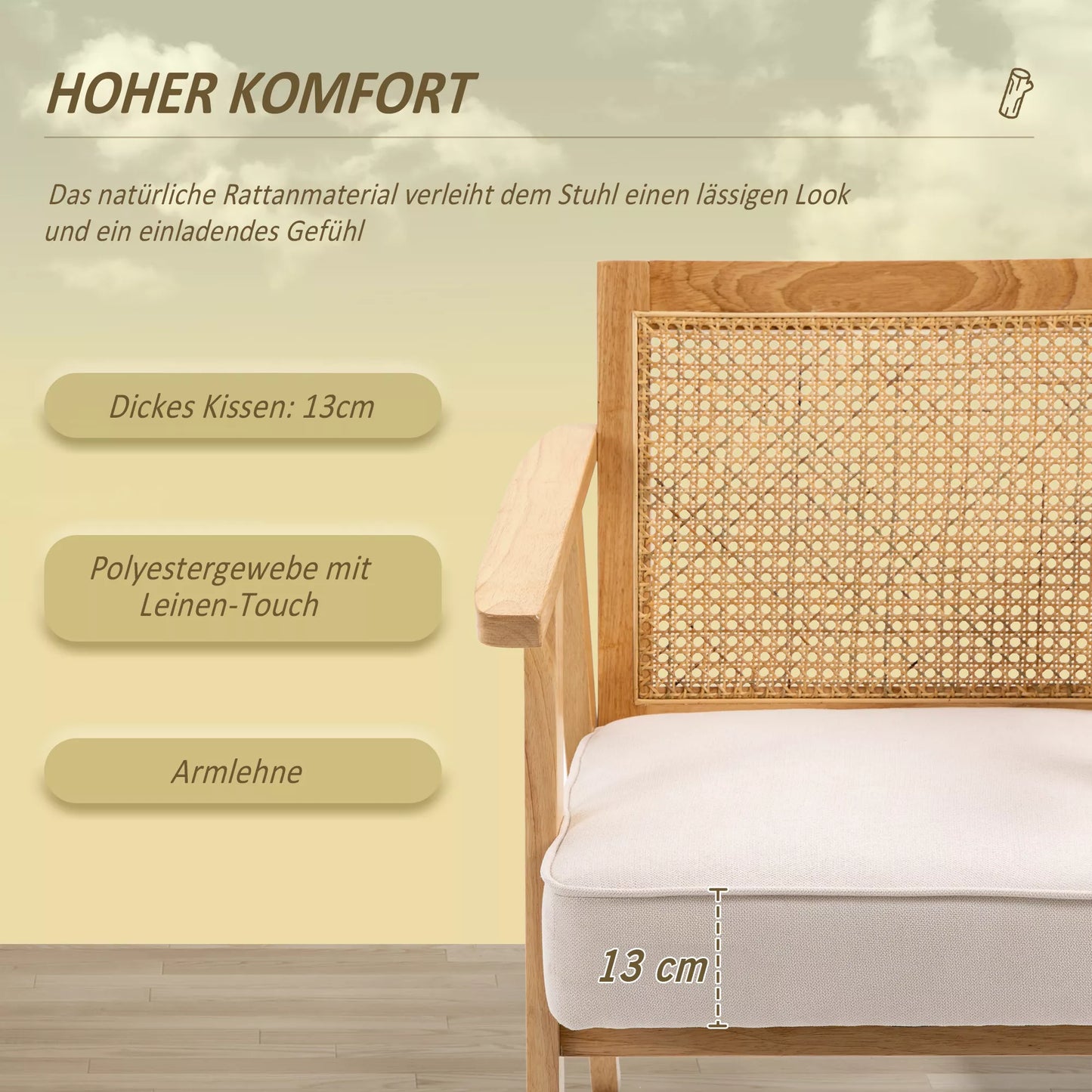 Egzotiškas minkštasuolis, kaučiukmedis, sėdynės pagalvėlė su lininės išvaizdos apdaila, 63 ilgis x 69 plotis x 78 aukštis cm, kreminės baltos spalvos