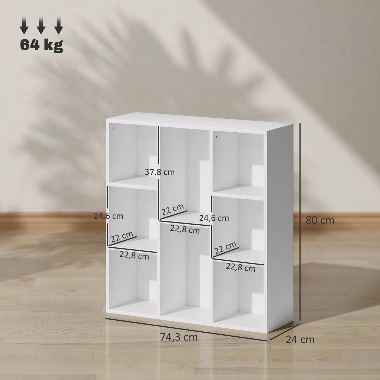 3 pakopų knygų lentyna, 8 skyrių, medžio drožlių plokštė, laikymo lentyna, balta