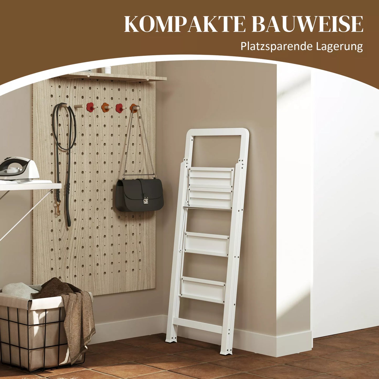 3 pakopų sulankstomos aliuminio kopetėlės, neslystanti platforma, baltos