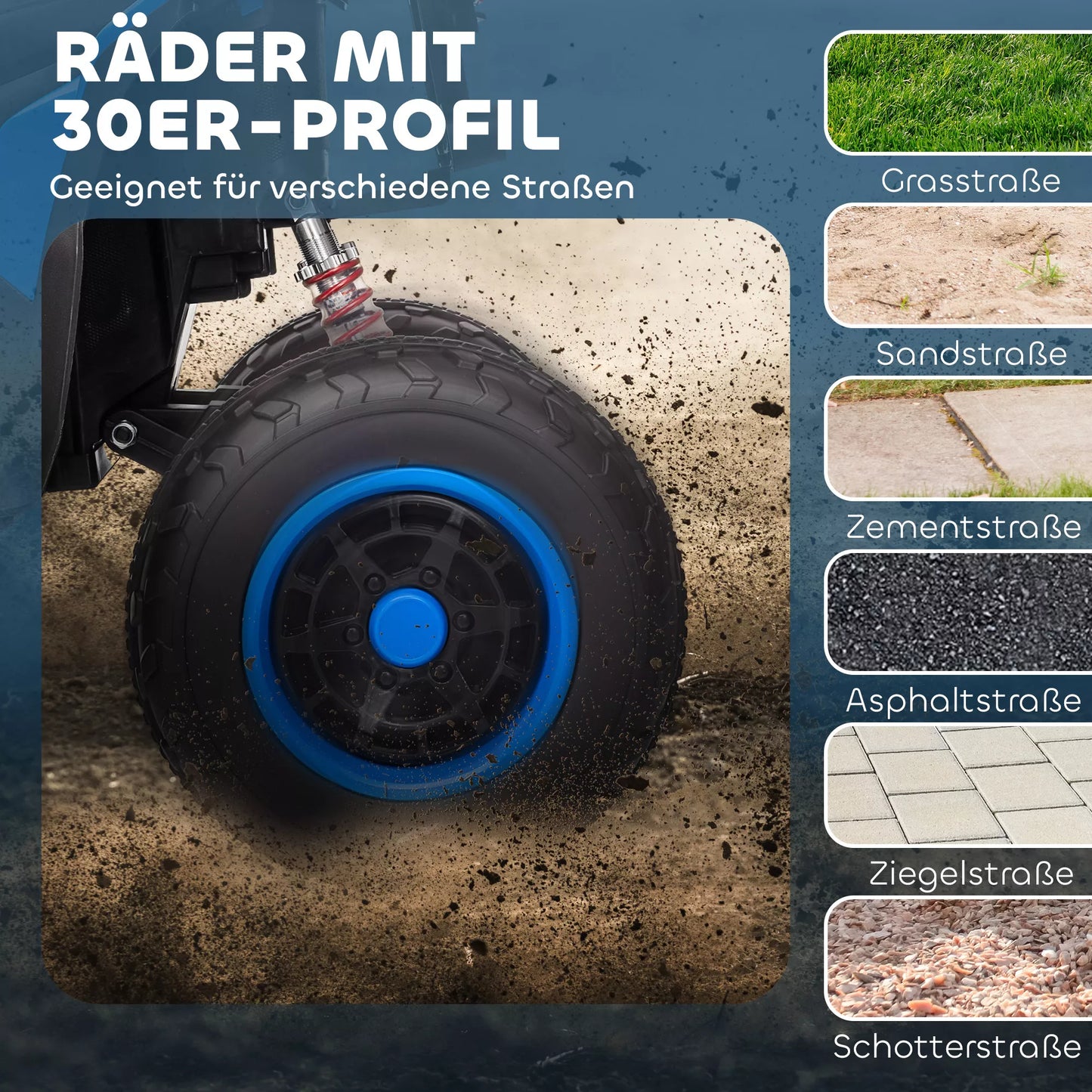 Elektrinis keturratis vaikams, 3-6 km/h, LED žibintai, muzika, USB, 3-8 metų amžiaus, mėlynas