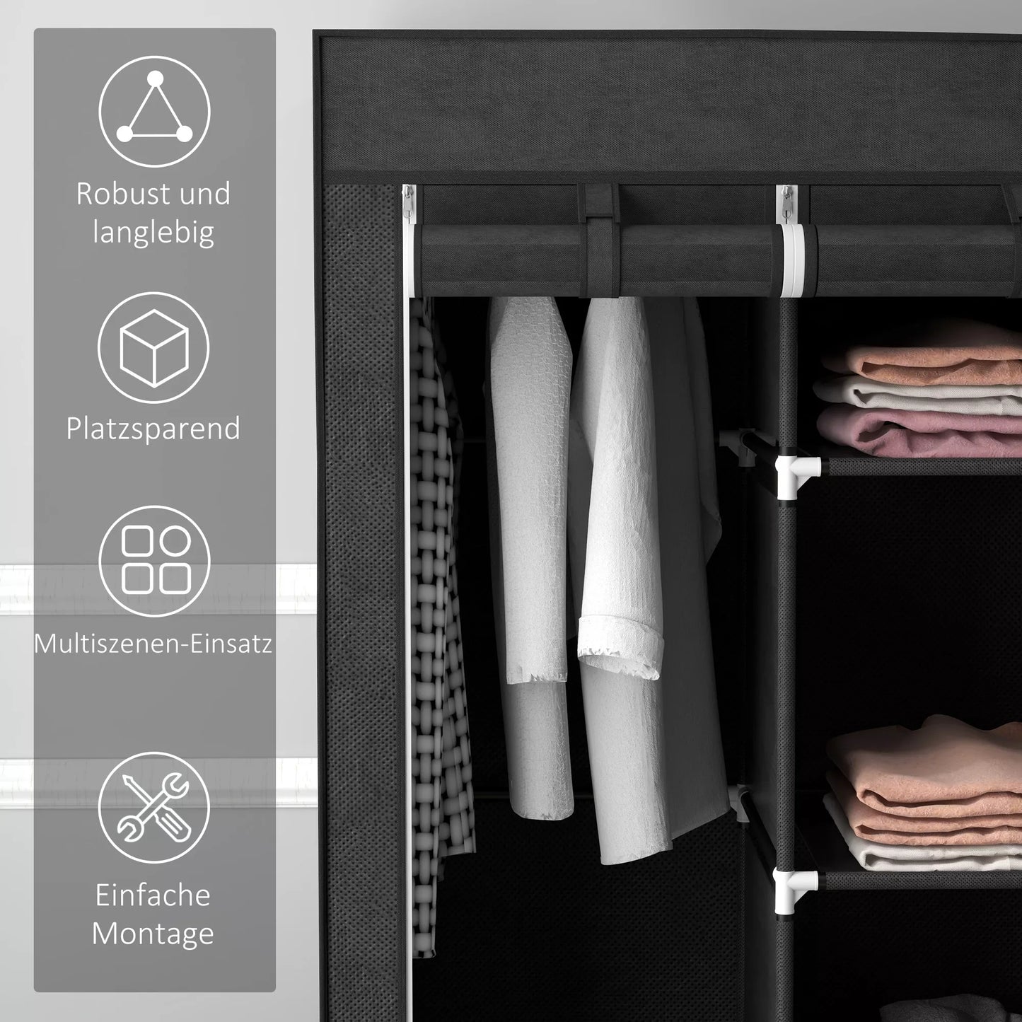 Audinių spinta iš neaustinio audinio, sulankstoma spintelė, su 3 stalčiais, 125 cm x 43 cm x 162,5 cm, juoda