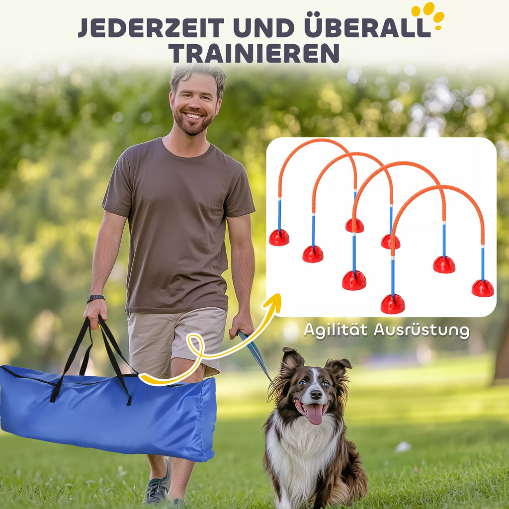 4 dalių šunų agility treniruočių įranga su 4 durimis, reguliuojamo pločio, su nešiojimo krepšiu, skirta sodui, mėlynos spalvos