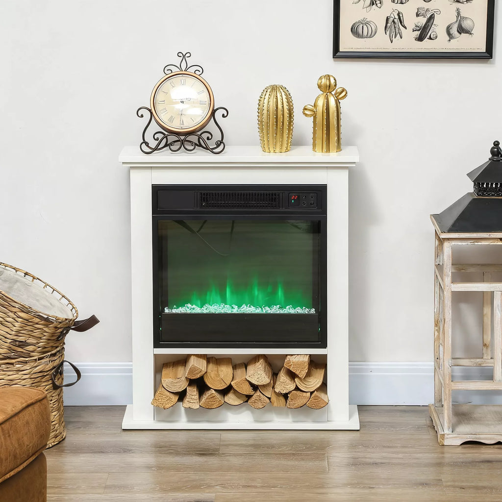 Elektrinis židinys, 9 spalvų realistinis liepsnos efektas, reguliuojamas ryškumas, 1800W, su nuotolinio valdymo pulteliu, laikmatis, baltas