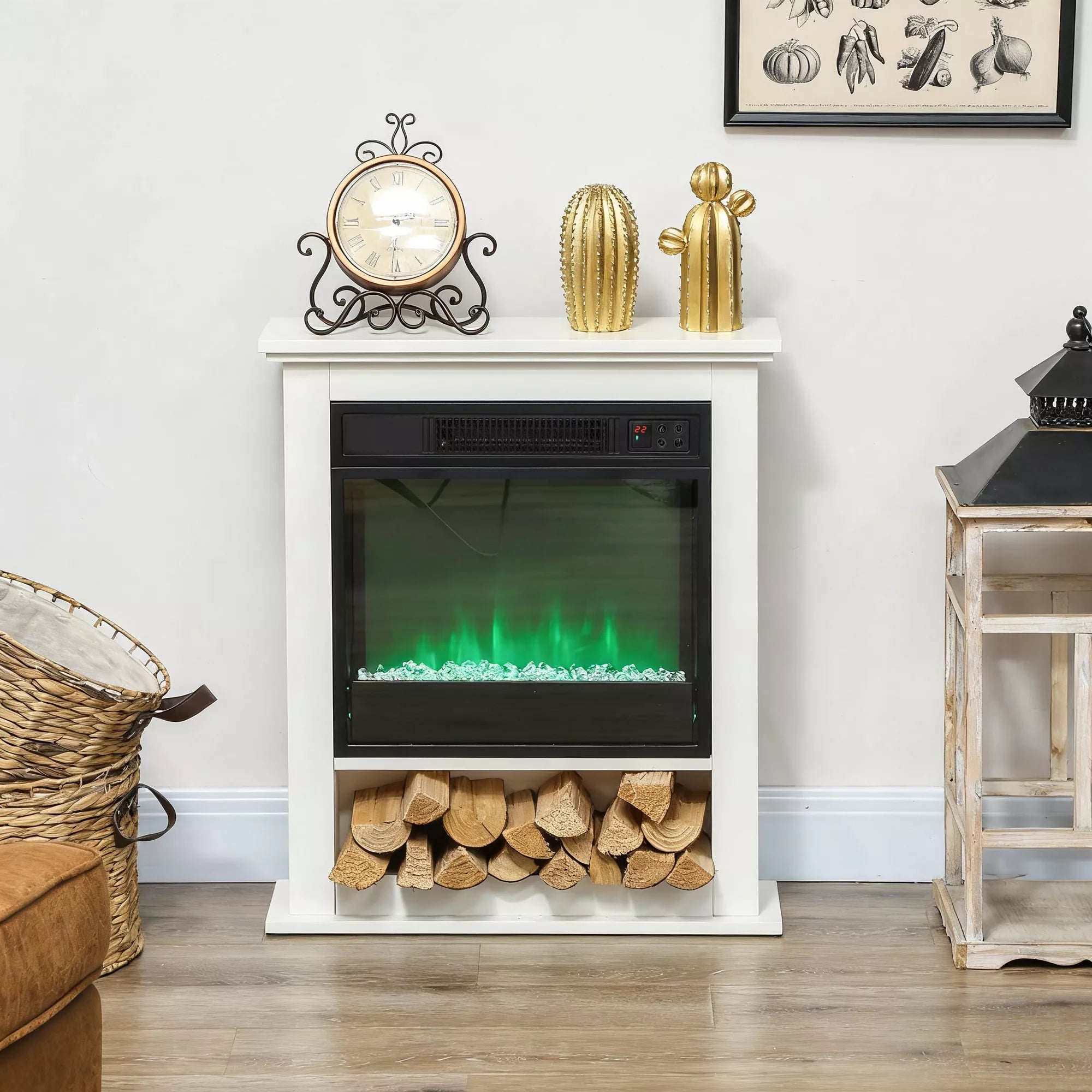 Elektrinis židinys, 9 spalvų realistinis liepsnos efektas, reguliuojamas ryškumas, 1800W, su nuotolinio valdymo pulteliu, laikmatis, baltas