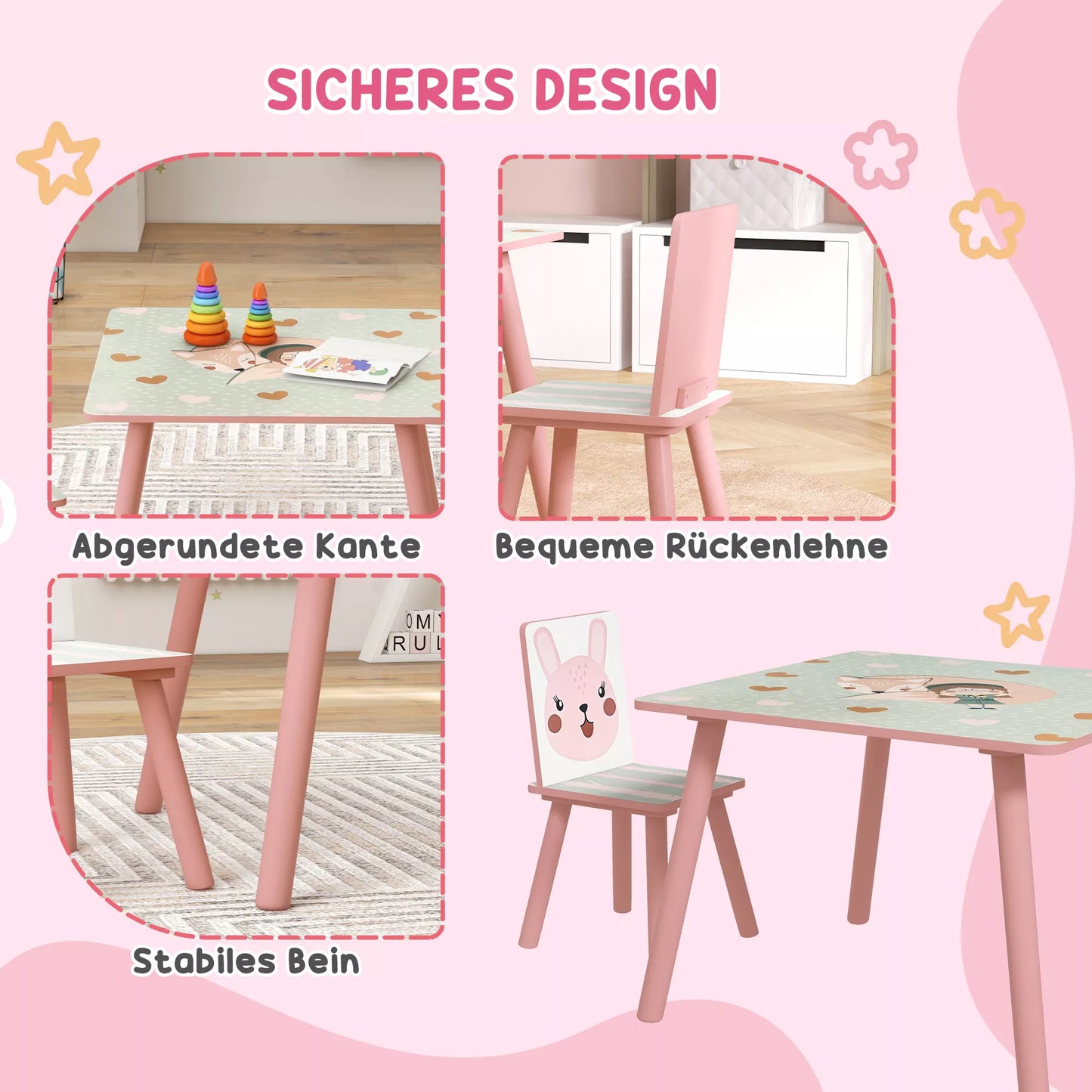 Vaikiška sėdimoji grupė iš pušies medienos, stalas su 2 kėdutėmis, gyvūnų motyvas, skirta vaikų kambariui, 3-8 metai, rožinė