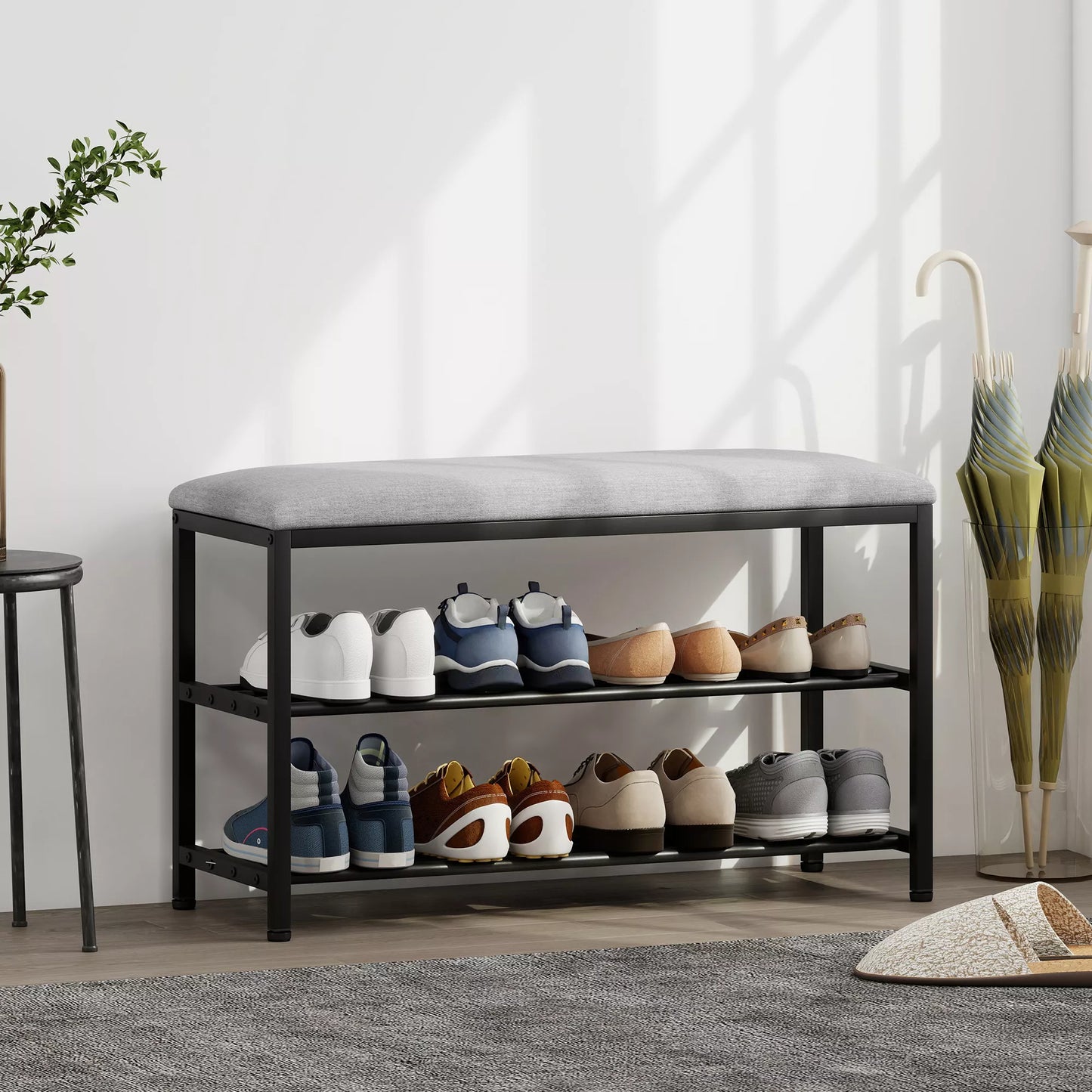 Batų suolas su sėdyne, suolas su daiktadėže, batų lentyna su 2 atviromis lentynomis, suolas 81 x 31 x 50 cm Juodas