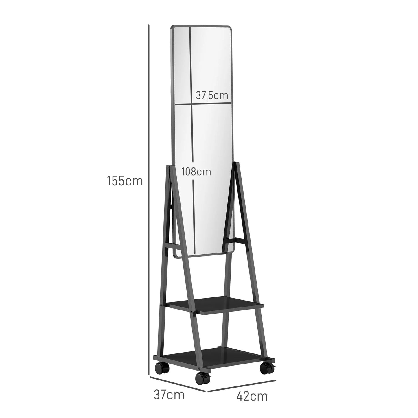 Ratinis viso kūno veidrodis su 2 lentynomis ir 4 ratais, miegamajam, svetainei, koridoriui, juodas