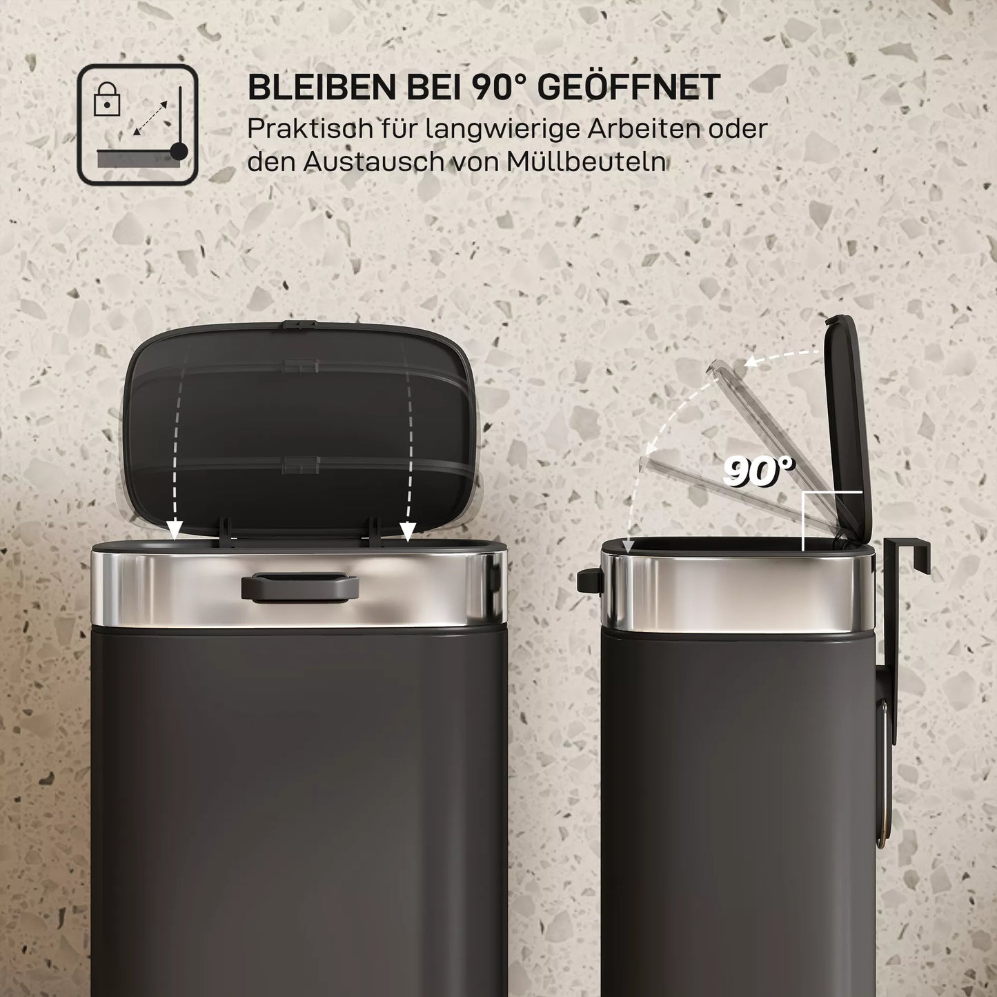 Šiukšliadėžė, nerūdijančio plieno virtuvės šiukšliadėžė su atidaromu dangčiu, išimamu vidiniu kibiru, 21,5x19,5x30 cm, juoda