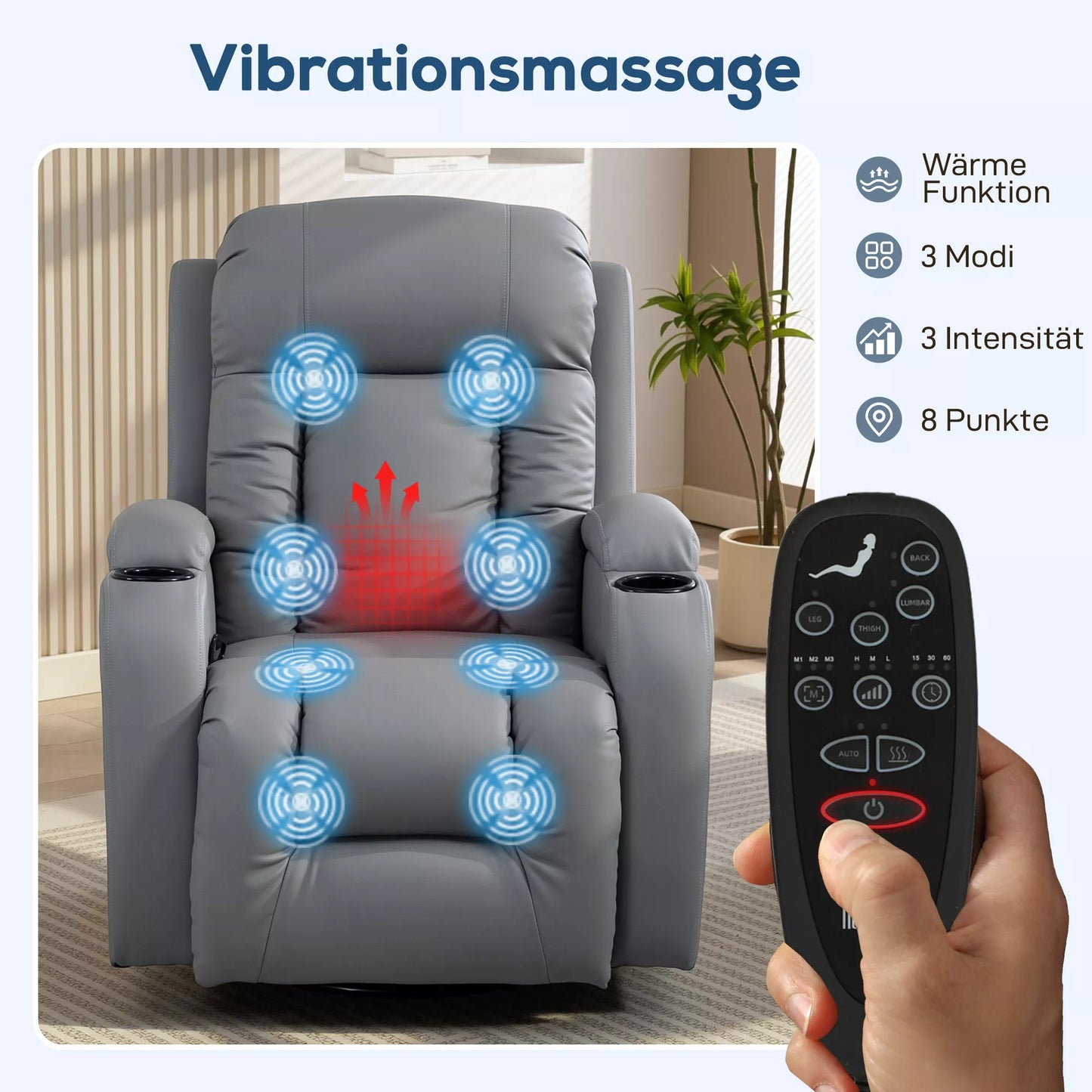 Masažinė kėdė su supimosi, atsigulimo ir šildymo funkcijomis, 3 režimai, pasukama, šviesiai pilka