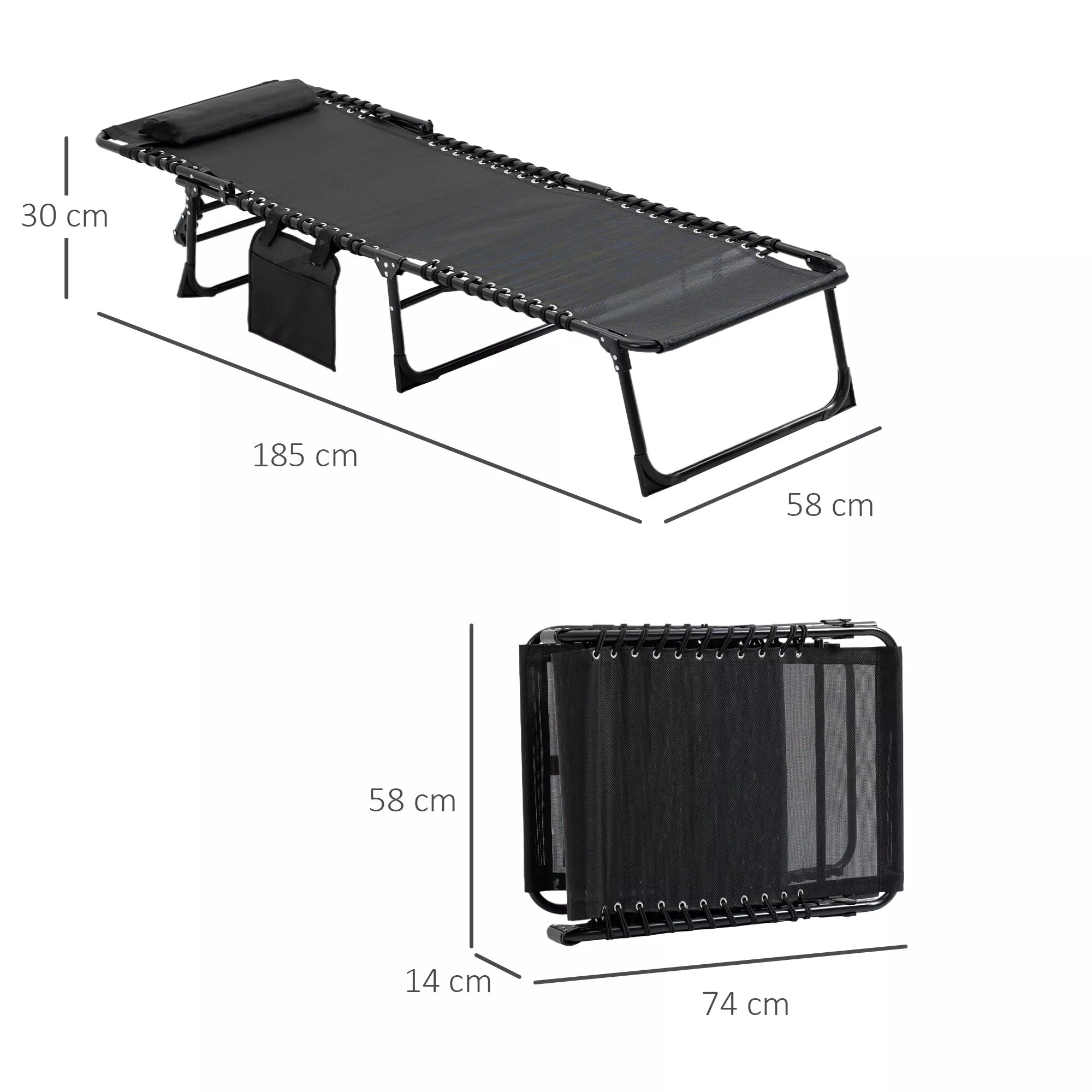 Gultas, sulankstomas gultas su pagalve kaklui, plieninis rėmas, tinklinis audinys, 120 kg apkrova, juodas