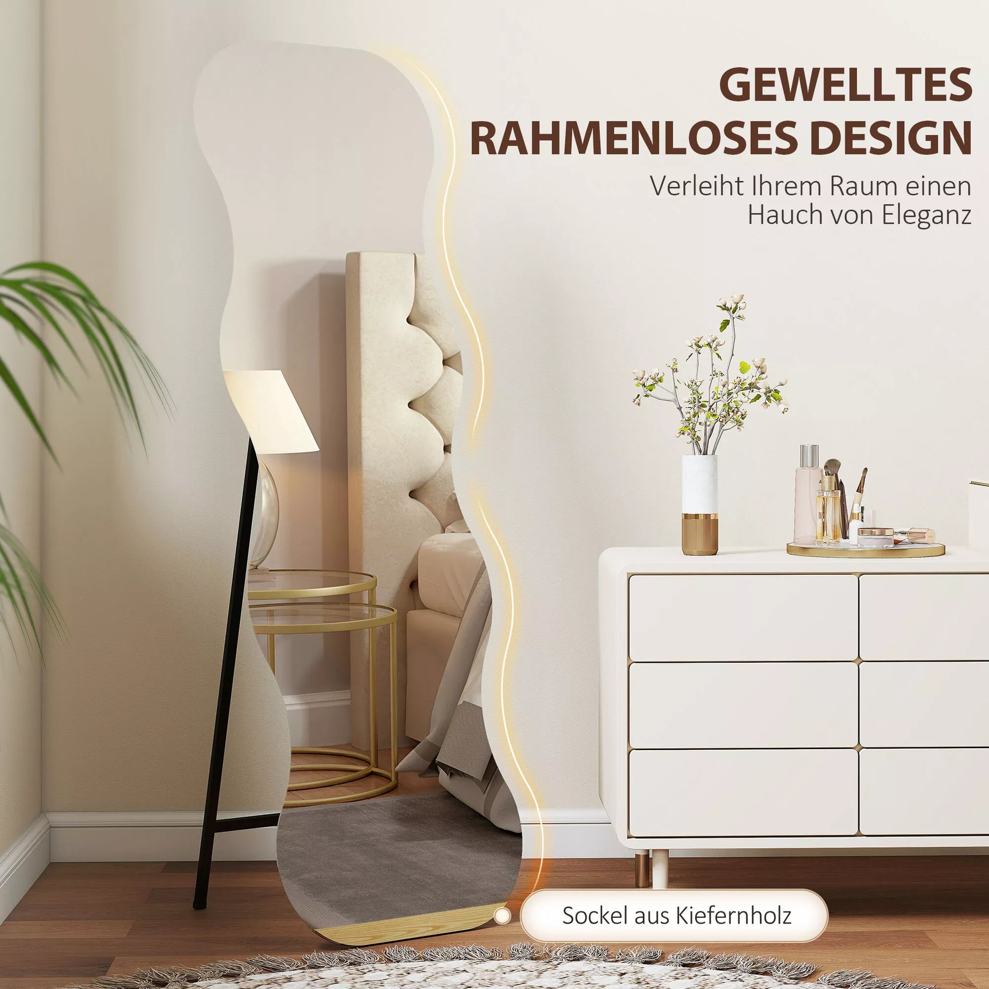 Visą kūną atspindintis veidrodis be rėmo, medinis pagrindas, lankstus išdėstymas, banguotas, juodas