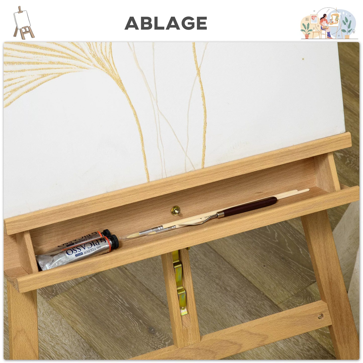 Medinis molbertas, aukščio reguliavimo, sulankstomas, pieštukų padėklas, buko mediena, 65 x 110 x 180–235 cm