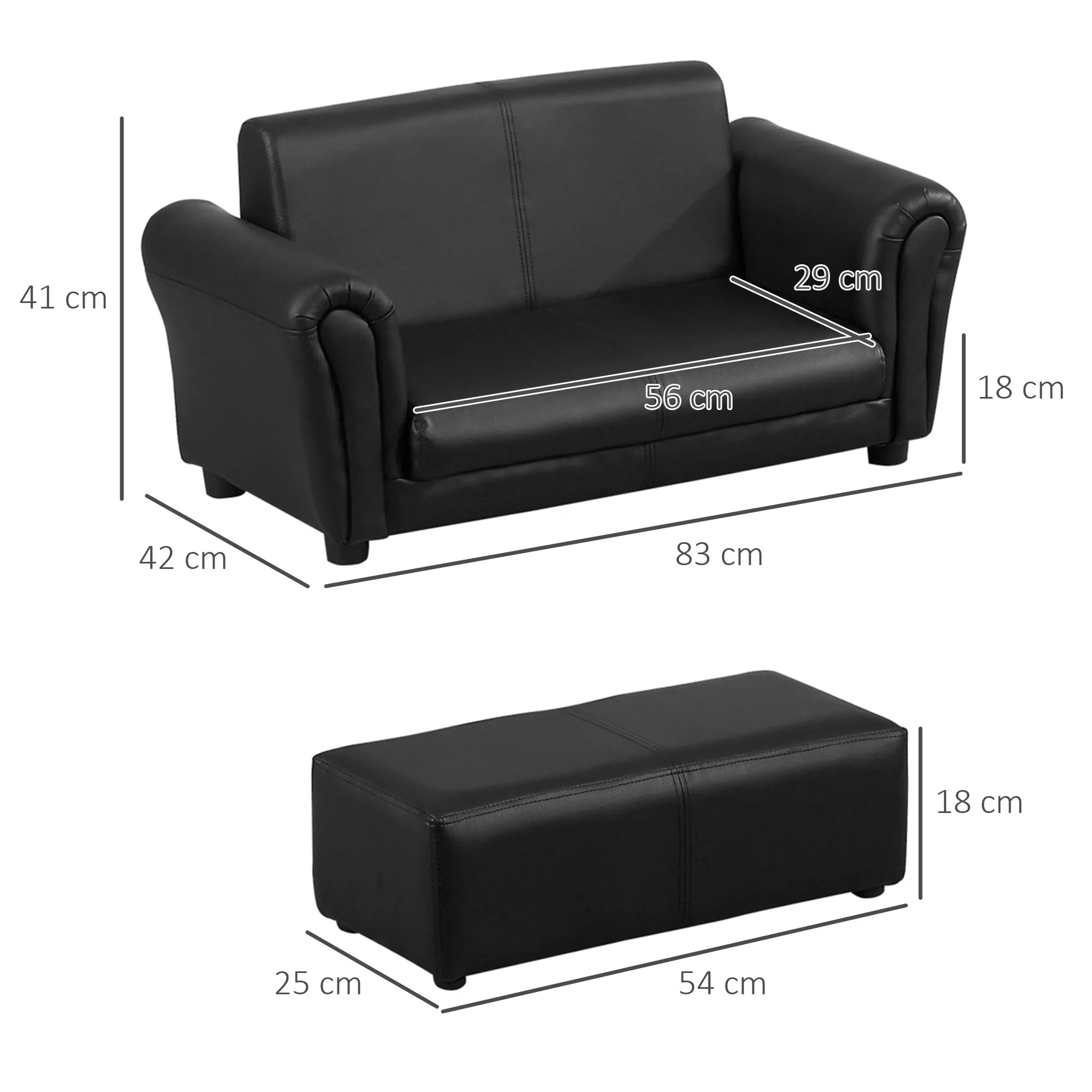 Vaikiškas fotelis su pufu, vaikiška sofa su taburete, vaikiška sofa, sofos fotelis, juodos spalvos, 83 x 42 x 41 cm