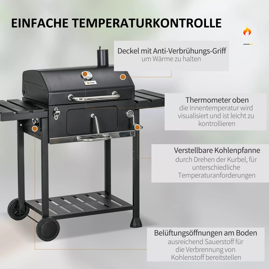 Anglies grilis-barbekiu-rūkynė, su termometru ir butelių atidarytuvu, 120 x 64 x 114 cm, juodos spalvos