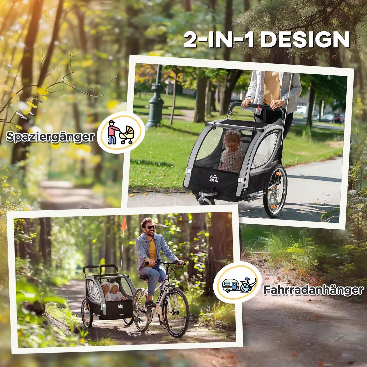 Vaikiška dviračio priekaba, stumiamas vežimėlis, su stabdžiais, sulankstomas, 2 vaikams, Pilka/Juoda