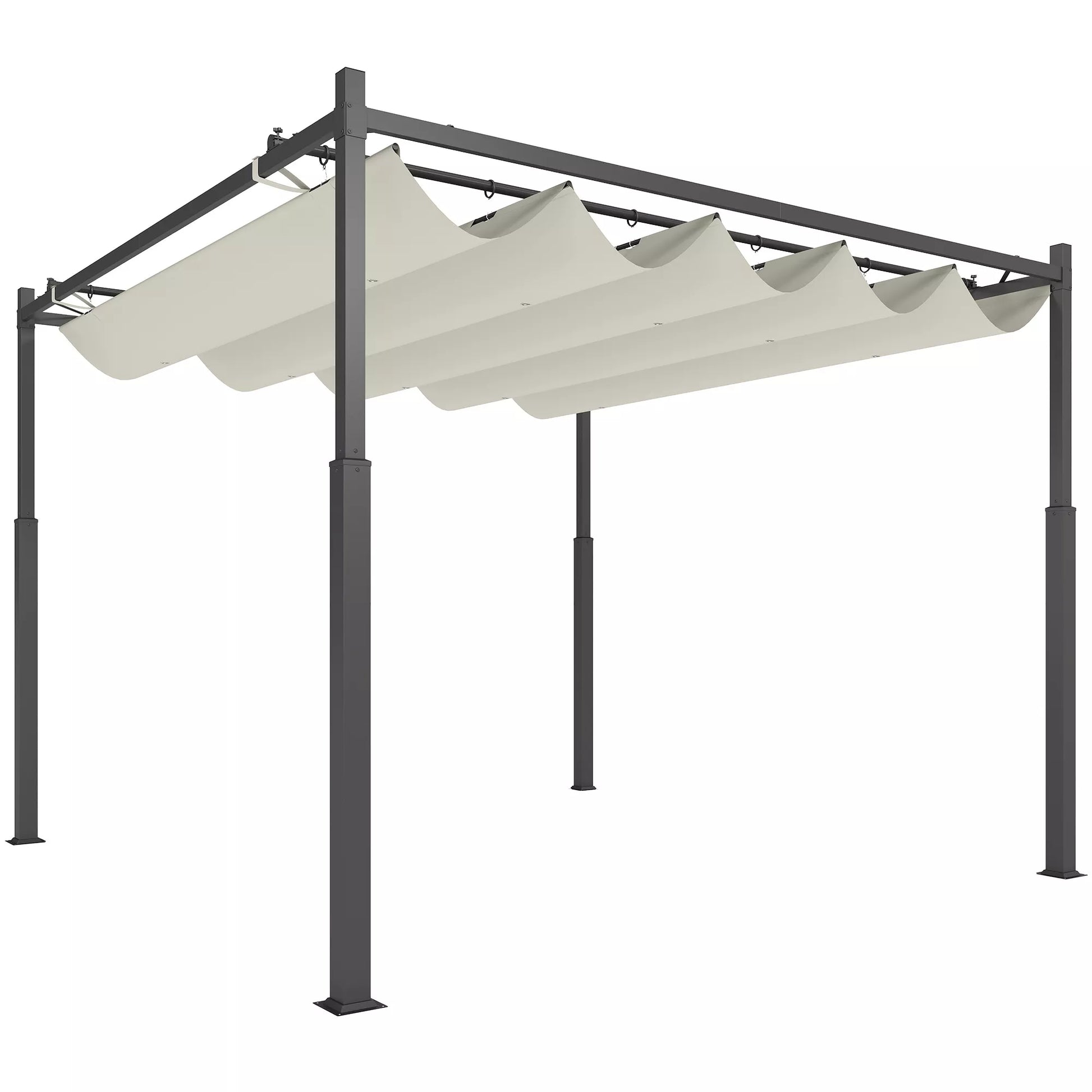 Sodo pergola, 3 x 3 m, ištraukiamas stogas ir magnetinis padas, lauko baldakimas, sodo pavėsinė, UPF30+, metalas, kreminė balta spalva