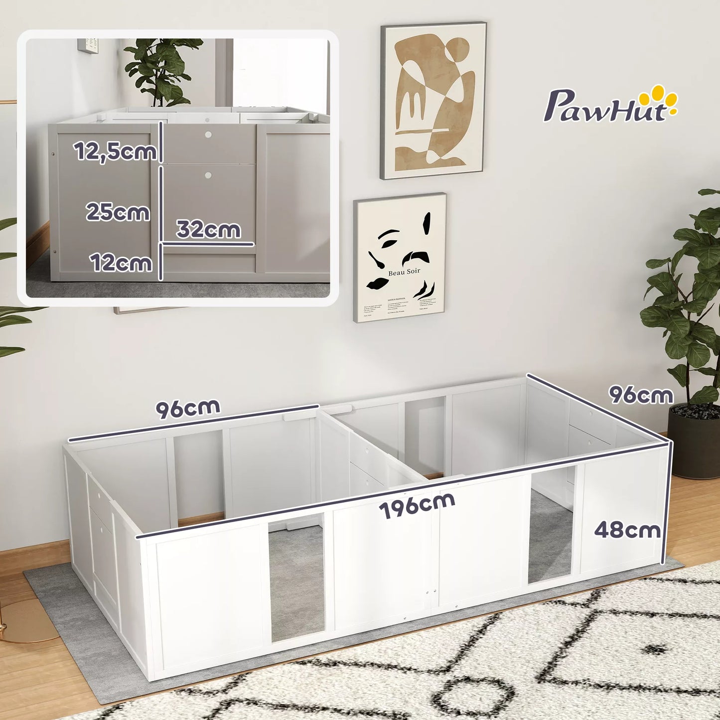 PawHut Veisimo dėžė šuniukams, dalijama į 2 skyrius, su akriliniu langeliu, 196 x 96 x 48 cm, balta