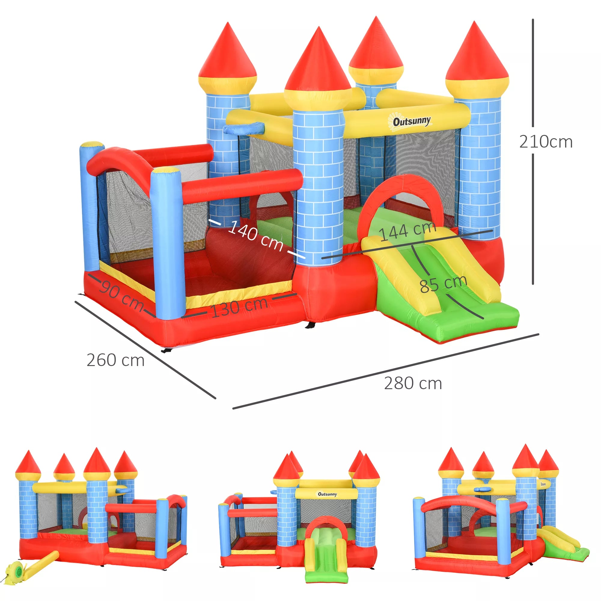 Pripučiamas batutas su čiuožykla Baseinas 3 vaikams Pilis su ventiliatoriumi 3–8 metų vaikams Raudona + mėlyna + žalia 280 x 260 x 210 cm