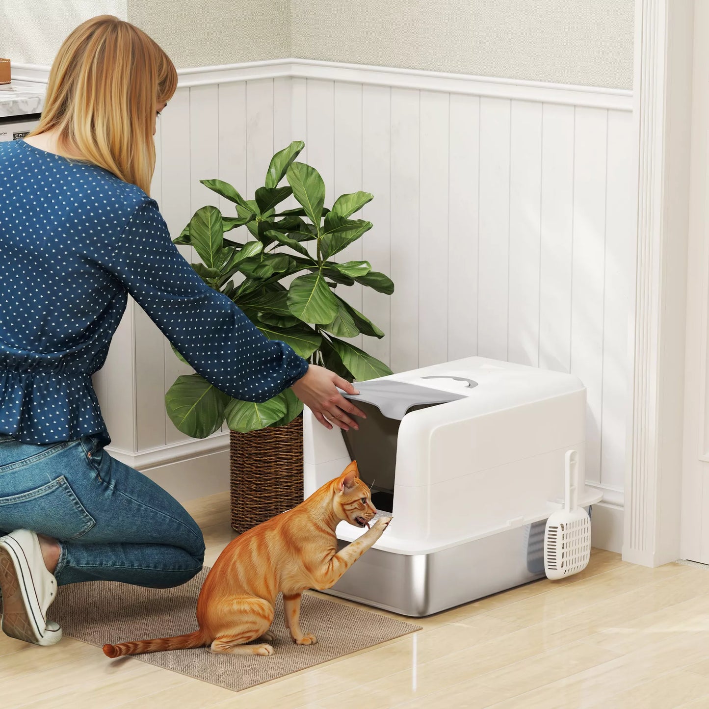 Katės tualetas, nerūdijančio plieno dugnas, filtras, kaušelis, katėms iki 6 kg, 40,5 x 60,5 x 41,5 cm, Balta/Sidabrinė