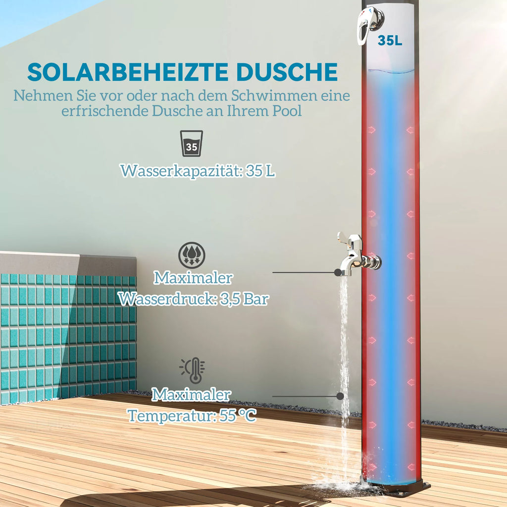 Saulės dušas 35 litrų saulės energija varomas sodo dušas su čiaupu, dušo galvute, rankine dušo galvute, šonine dėkle, iki 55 °C, juodos spalvos