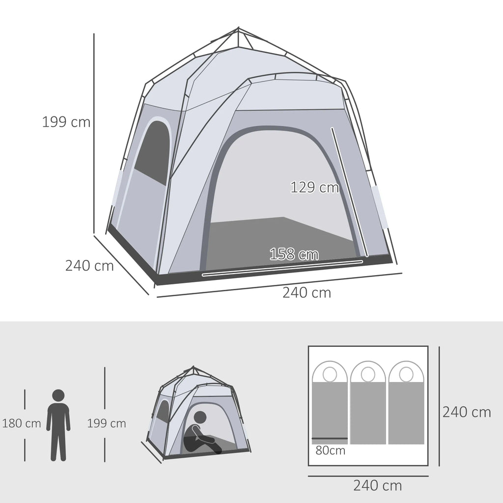 Pop Up kupolinė palapinė 4 asmenims, lengva, tvirta, nepralaidi vandeniui, UV 50+, su kabliais, durimis, langais, grindų danga.