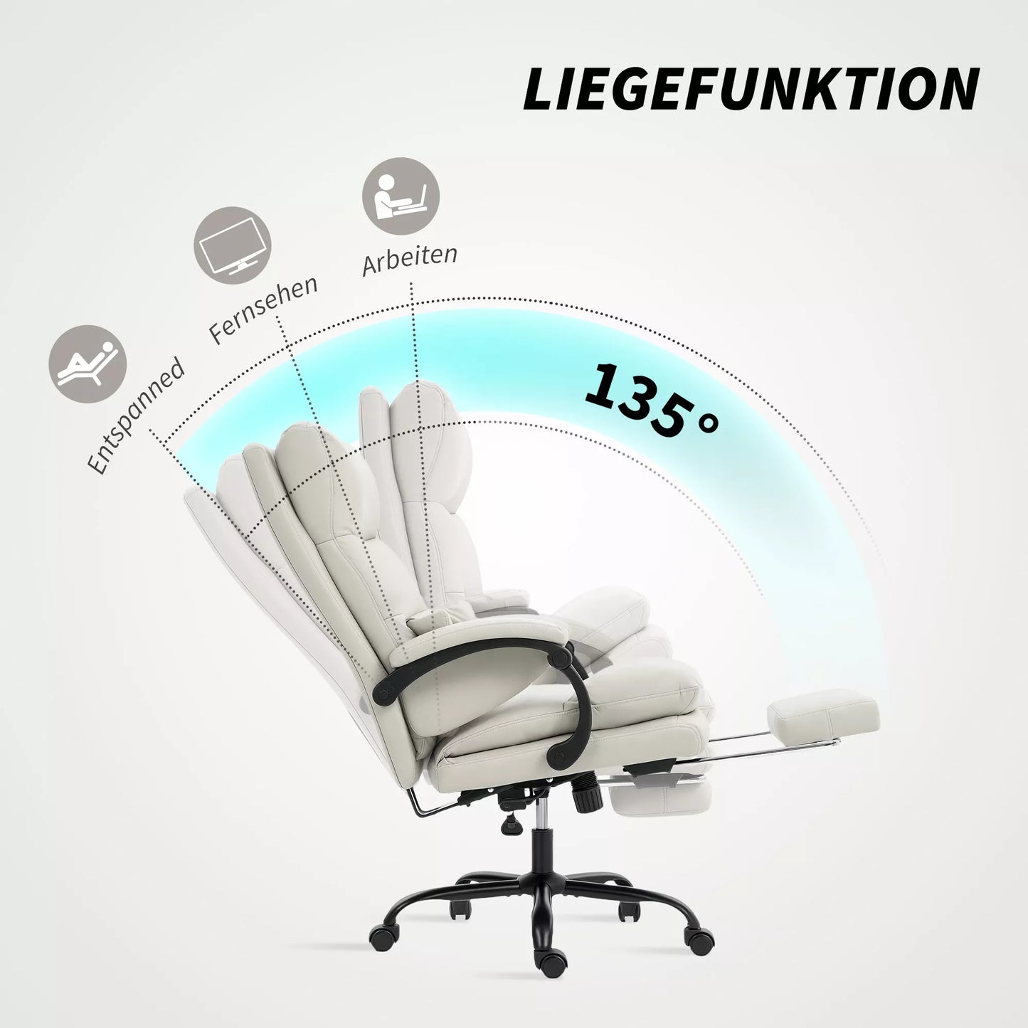 Biuro kėdė su reguliuojamu aukščiu, juosmens atrama, porankiais, atrama kojoms, pagaminta iš dirbtinės odos, šviesiai pilka