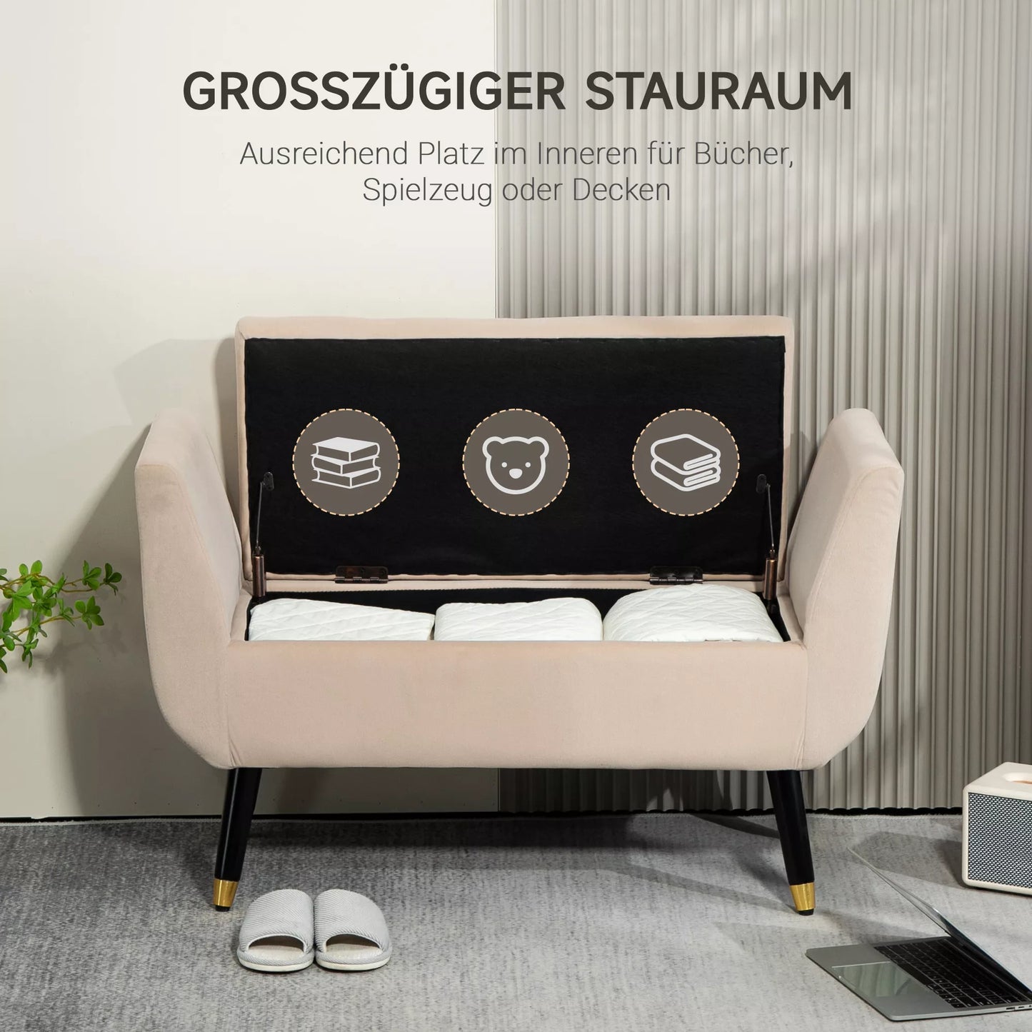 Minkštas suoliukas su daiktadėže, porankiais, samišku poliesteriu, kaučiukmedžio mediena, 107 x 42 x 65 cm, smėlio spalvos