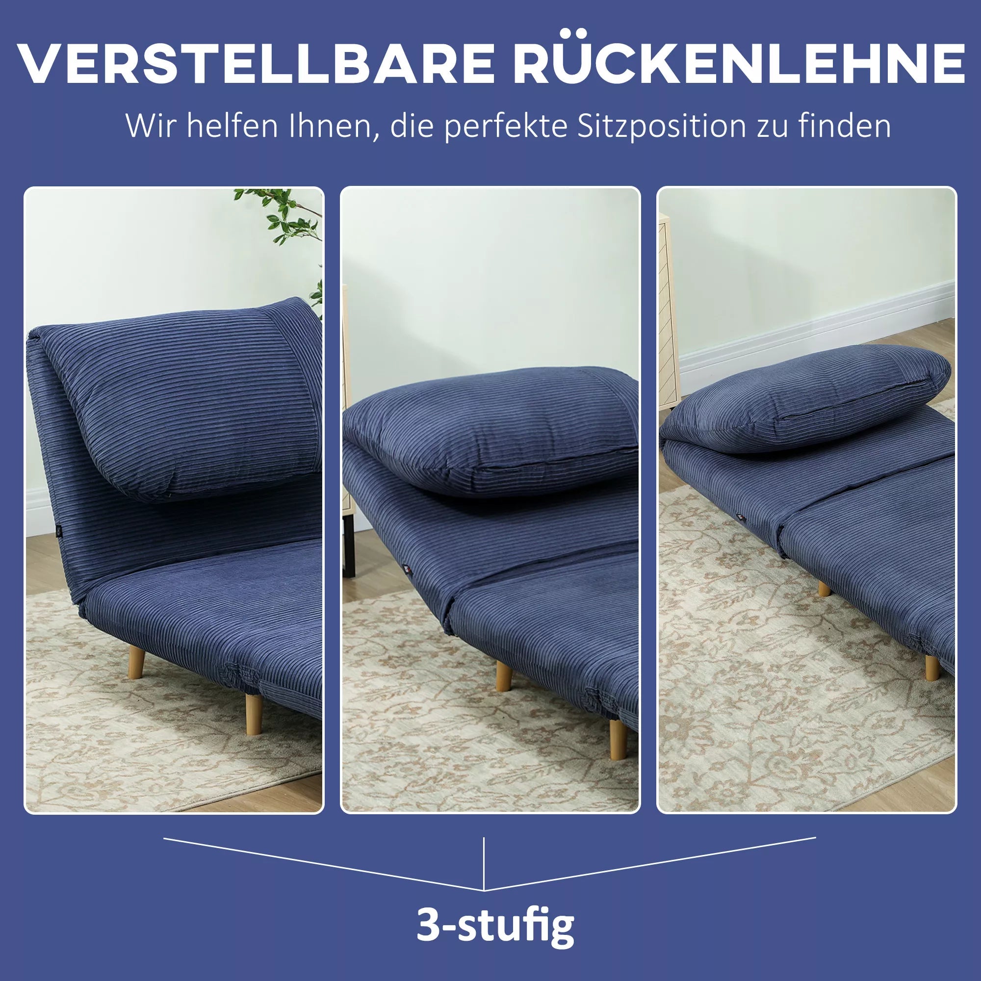 2 viename miegamoji sofa-kėdė svečio lova, reguliuojama galvos atrama, kordilokos išvaizda, 82 cm x 87 cm x 89 cm, mėlyna