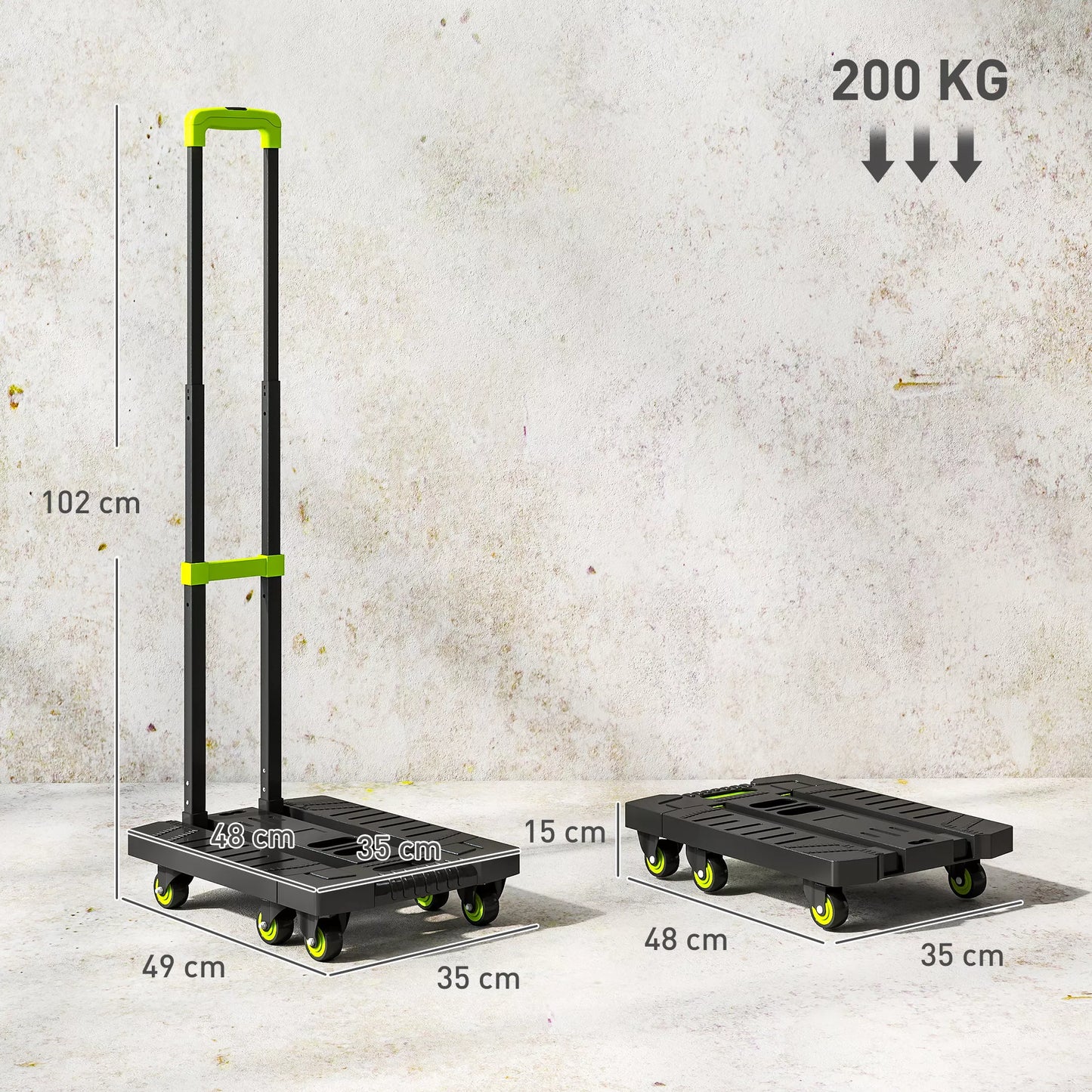 Sulankstomas metalinis transportavimo vežimėlis su ratukais ir reguliuojama rankena, 49 x 35 x 102 cm, žalias
