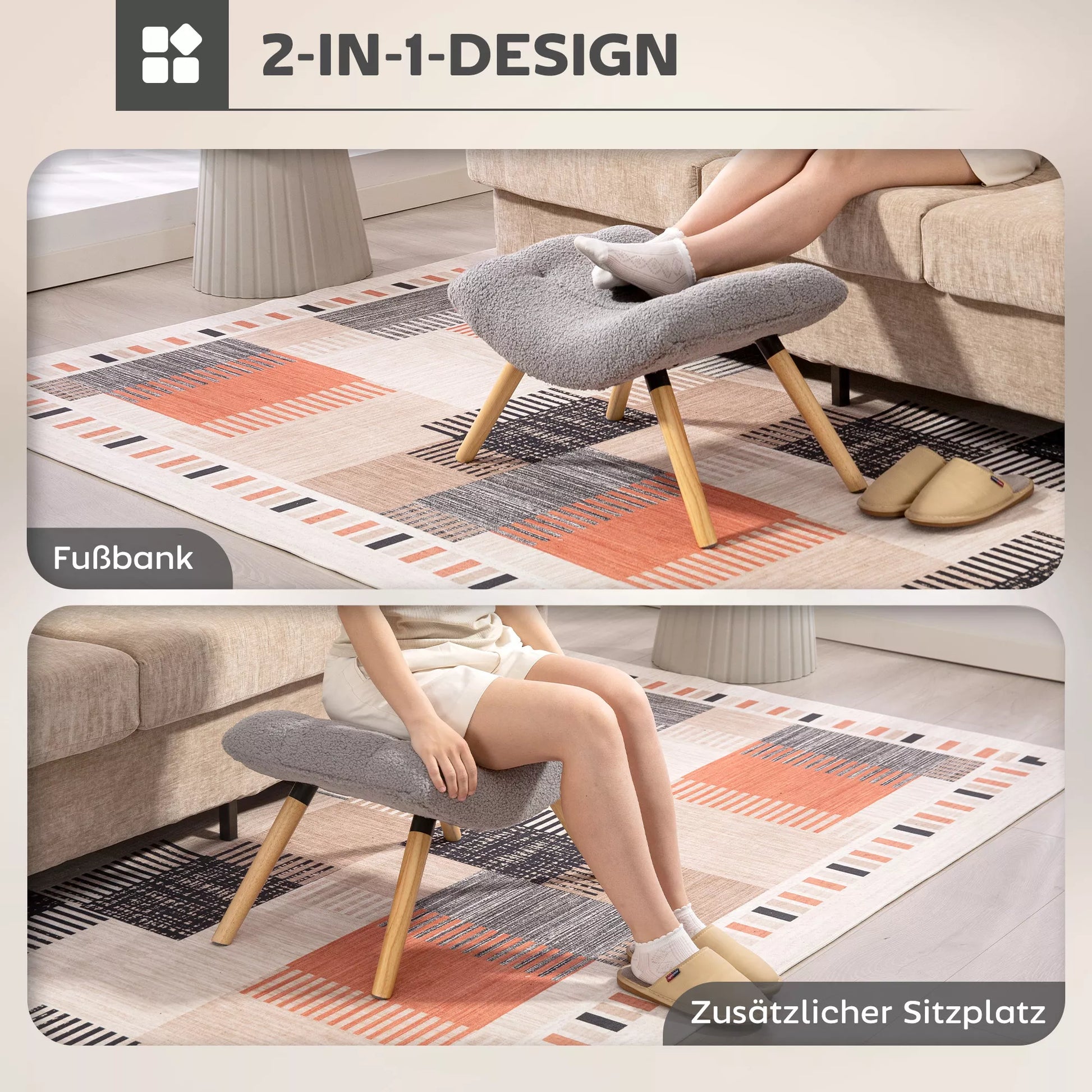 Modernus pufas su fliso apmušalu ir medinėmis kojomis, paminkštintas, skirtas svetainei, miegamajam, prieškambariui, šviesiai pilkos spalvos.