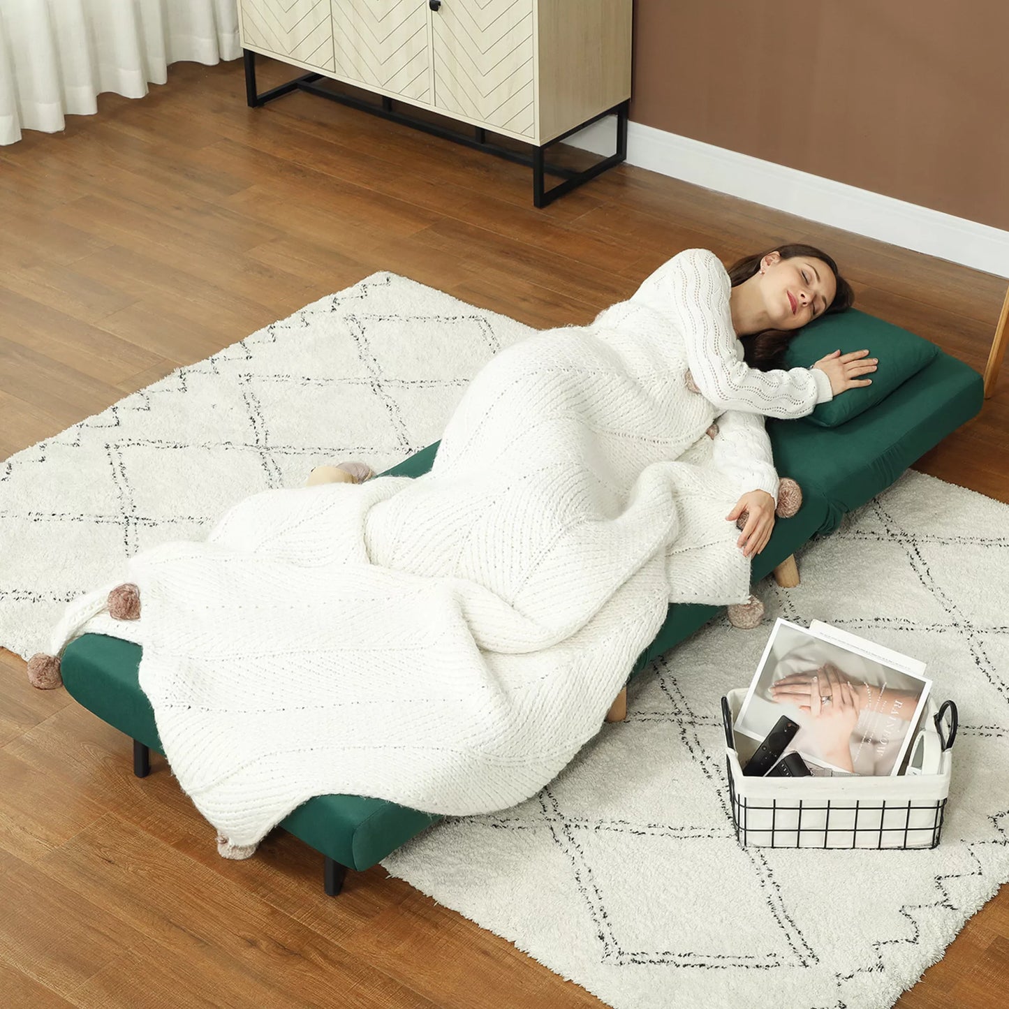 Sulankstoma kėdė su miegojimo funkcija, sulankstomas poilsio krėslas su aksomo išvaizda, reguliuojama atlošas, atlaiko iki 120 kg, tamsiai žalia